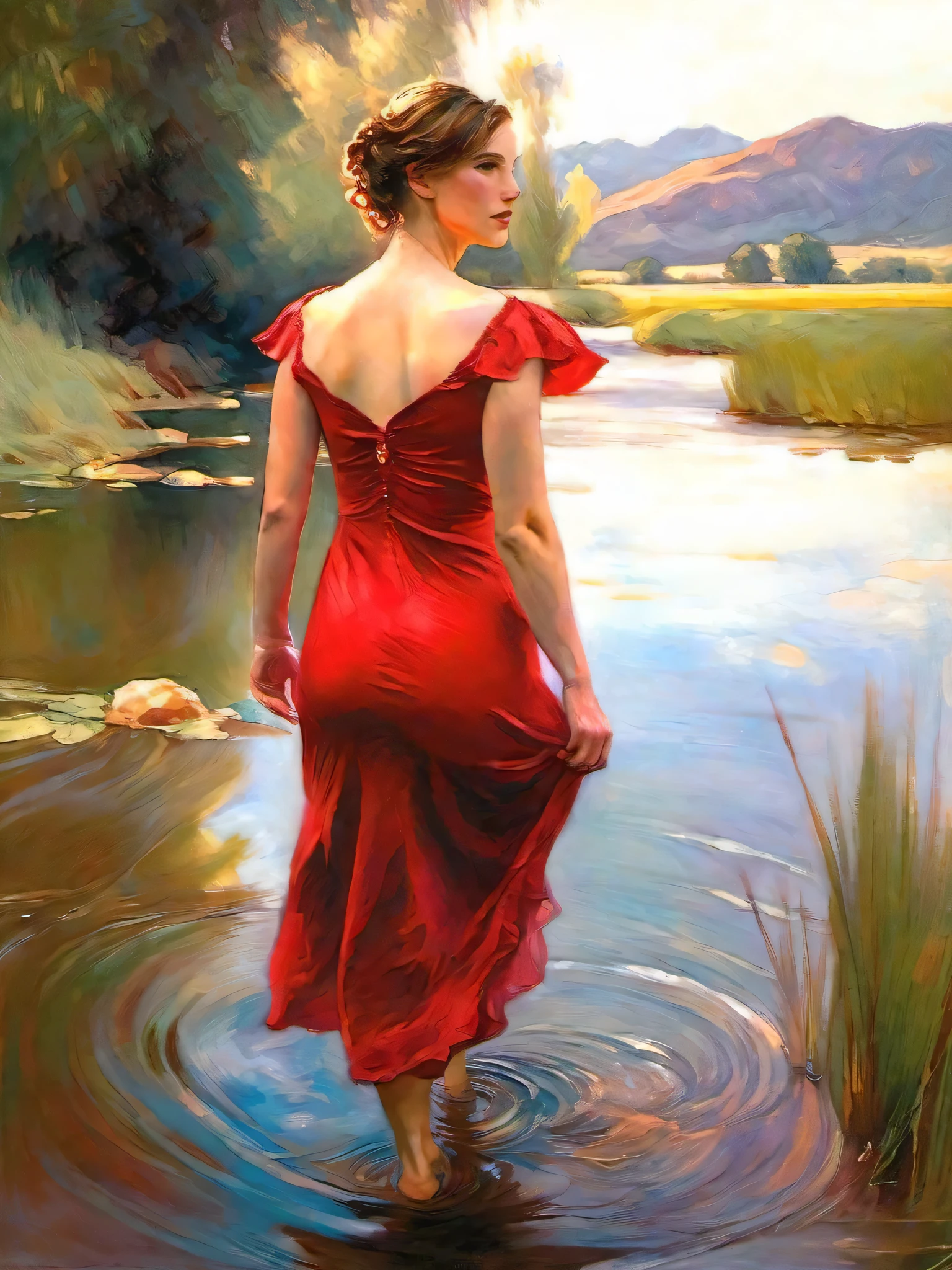 painting of a woman in a red dress standing in a river, inspired by Daniel F. Gerhartz, danile gerhartz, daniel gerhartz, inspired by Steve Hanks, morgan weistling, artist steve hanks, jeremy lipking full length shot, fine art oil painting, standing in a pond, she is walking on a river