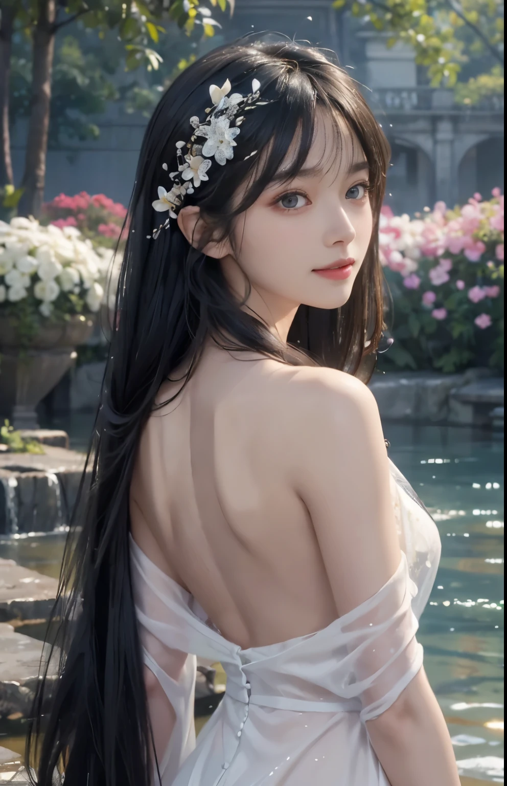 (A hyper-realistic)、(hight resolution)、(8K)、(highly detailed)、(Best Illustration)、(beautifully detailed eyes)、(top-quality)、(ultra-detailliert)、(masterpiece)、(wall-paper)、(A detailed face)、solo、1 girl in、looking at viewert、fine detailed、A detailed face、in the darkness nigth、deep-shadows、lowkey、pureerosfaceace_v1、A smile、long、Black straight hair、46-point diagonal bangs、Wet hair、Wet skin、Back、Hair spreads、See-through stole on shoulder、Dynamic Posing、Lots of flowers in the background、Big hair ornament