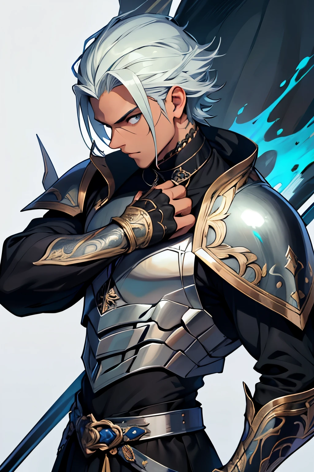 ((melhor qualidade)), ((obra de arte)), (detalhado), rosto perfeito, Homem, Traje de viajante medieval, armadura, mago, cabelo preto com mechas azul, espada de ferro negro.