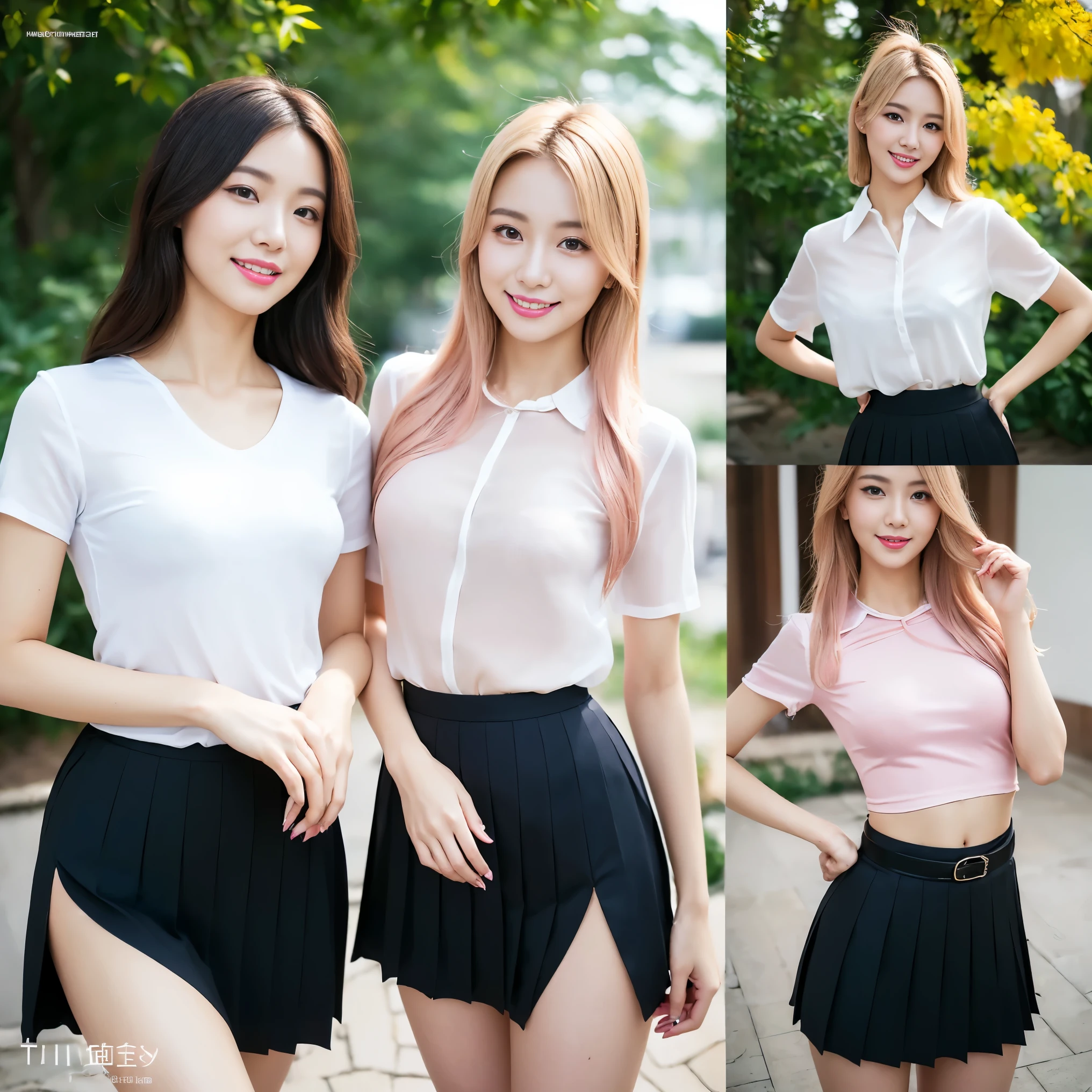 ((masterpiece)),(detailed),(perfect face),(thin),((sexy long legs)),((beautiful legs)),(slim),(horny smile),((very sexy emotional face)),((very long hair)),(looking at viewer),(messy butn hairstyles),(blonde pink hair),(trained body),((she has autumn drama makeup)),((seductive smiling)),(top-quality),(Photo realsitic:1.4),Raw photo,((1 girl)),(((Take different poses))),glowy skin,(Happiness:1.2),(she wearing Thai university uniform),((only one girl picture)),((portrait)),(mid body shot),((she wear white shirt short sleeve and sexy tight black skirt black satin pleated skirt)),(small size black belt),lip gloss,(she has side up twinkle haircut),(close up shot)