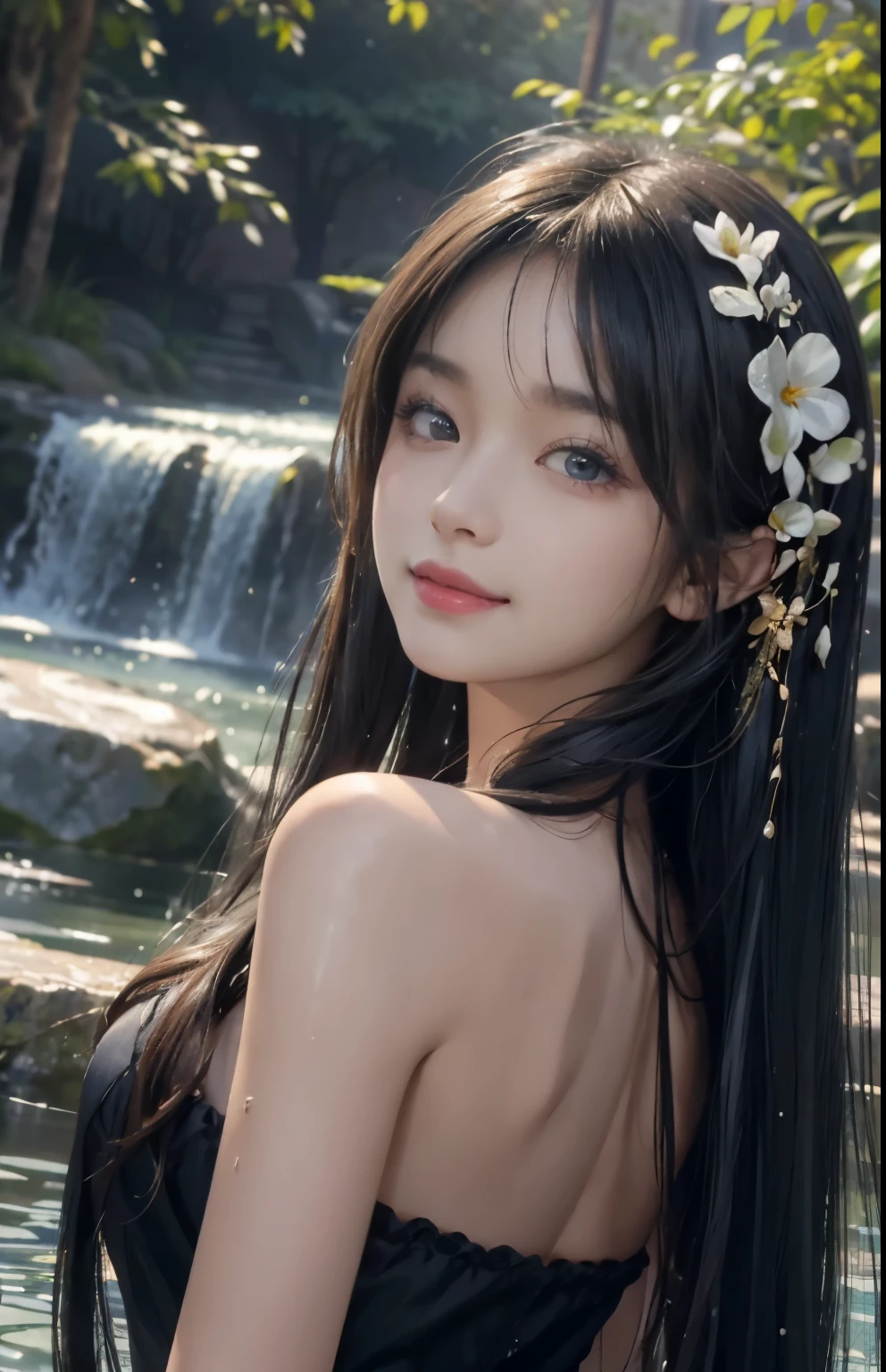 (A hyper-realistic)、(hight resolution)、(8K)、(highly detailed)、(Best Illustration)、(beautifully detailed eyes)、(top-quality)、(ultra-detailliert)、(​masterpiece)、(wall-paper)、(A detailed face)、solo、1 girl in、looking at viewert、fine detailed、A detailed face、in the darkness nigth、deep-shadows、lowkey、pureerosfaceace_v1、A smile、long、Black straight hair、46-point diagonal bangs、Wet hair、Wet skin、Back、Hair spreads、See-through stole on shoulder、Dynamic Posing、Lots of flowers in the background、Big hair ornament