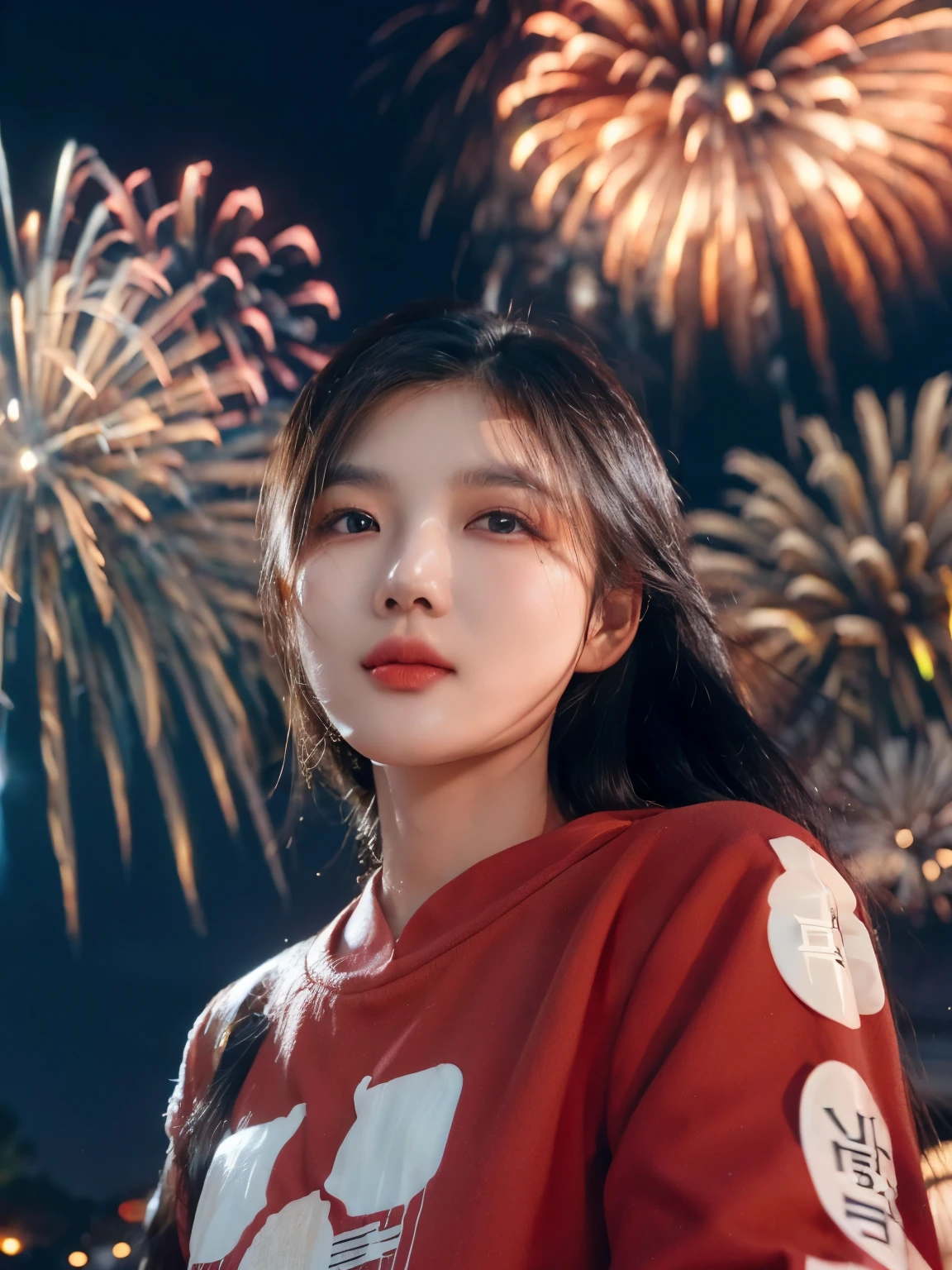 Charming Korean women with round faces, angry face, Pecking at the camera,  Straighten your hair with a clip., ในงานfireworksริมแม่น้ำตอนกลางคืน, Dark images, fireworks, fireworks