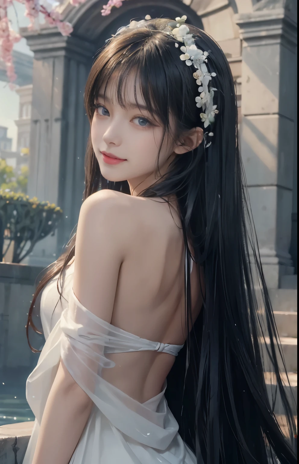 (A hyper-realistic)、(hight resolution)、(8K)、(highly detailed)、(Best Illustration)、(beautifully detailed eyes)、(top-quality)、(ultra-detailliert)、(masterpiece)、(wall-paper)、(A detailed face)、solo、1 girl in、looking at viewert、fine detailed、A detailed face、in the darkness nigth、deep-shadows、lowkey、pureerosfaceace_v1、A smile、long、Black straight hair、46-point diagonal bangs、Wet hair、Wet skin、Back、Hair spreads、See-through stole on shoulder、Dynamic Posing、Lots of flowers in the background、Big hair ornament