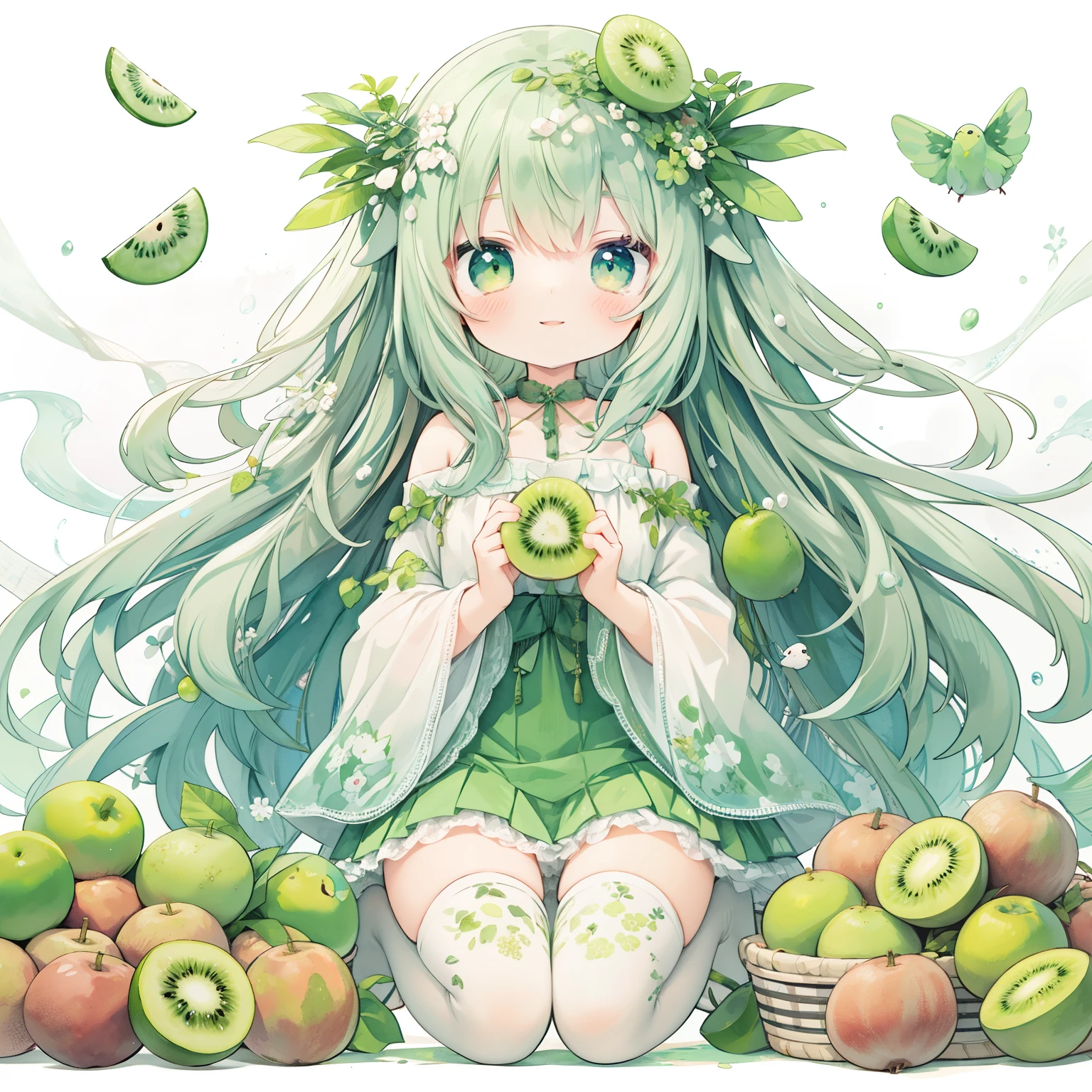 anime girl with green eyes sitting on the ground with a bunch of fruit,pastel watercolor anime、[anime girl with long green hair and bird ears holding a kiwifruit, pastel watercolor anime、fullbody,leg up, transparent watercolor、girl、jewel eyes、beautiful arrangements and motifs、written boundary depth、flat avatar, 1girl, smile, light green hair((Bird ears wavy hair growing on the head))、The tips of the bird’s ears are green、green object、green hair tips, Fashionable design clothes((green and white)),background white, cute girl、Green theme、Kiwifruit juice、a lot of kiwifruits、kiwifruit hair ornament、anime visual of a cute girl, with long floppy bird ears, with kiwifruit, cute anime girl, official art, (anime girl), anime girl with long hair, cute anime, anime wallaper, pixiv style, cute anime style, official illustration, high quality anime artstyle, cute anime girl portraits] anime visual of a cute girl, cute anime girl, official artwork, official anime artwork, kawacy, anime girl with long hair, pixiv, splash art anime , cute anime, anime hi-fructose, (anime girl), high quality anime art, 🍸🍋