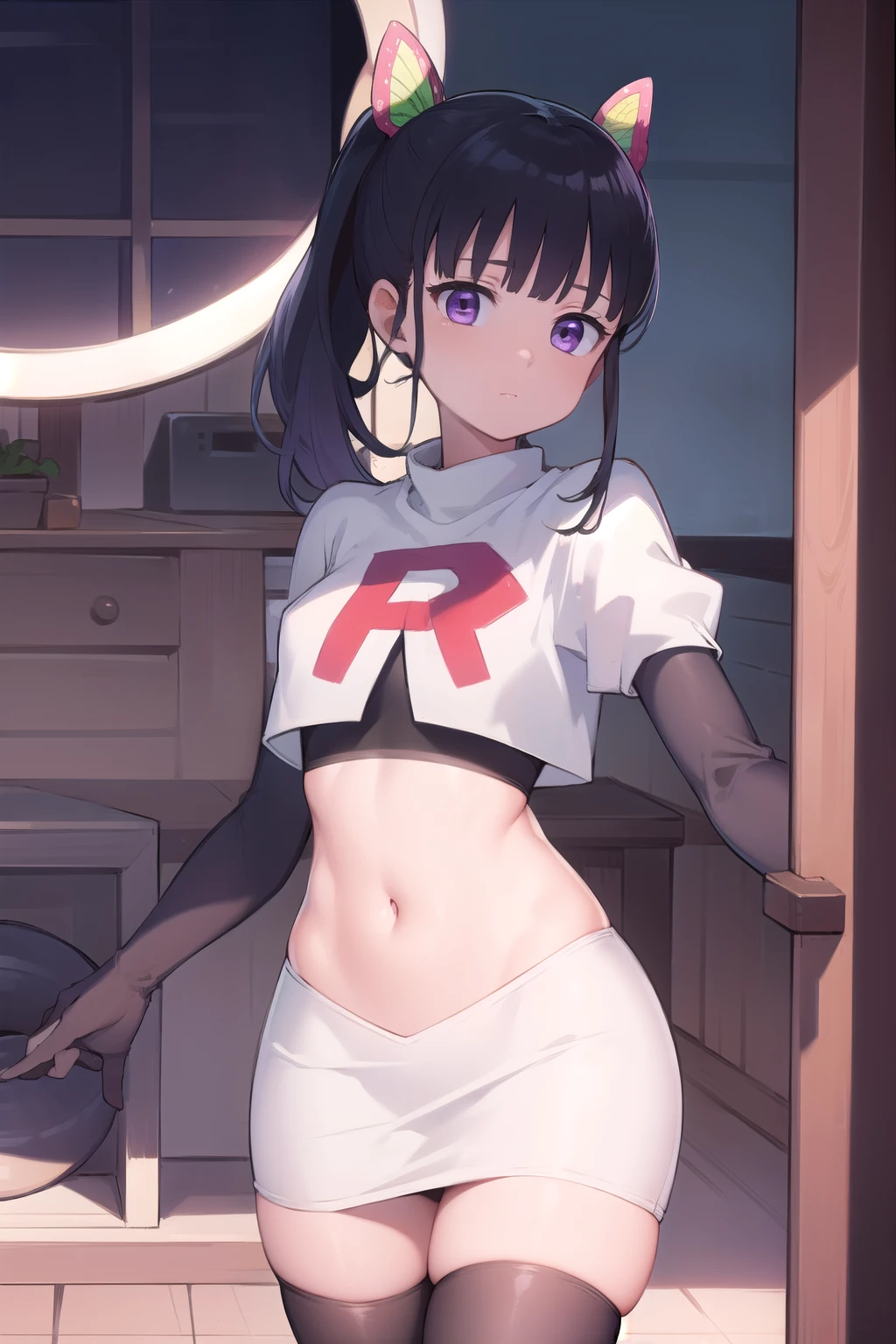 kanaotsuyuri, kanao tsuyuri, black hair, butterfly, butterfly hair ornament, (purple eyes:1.1), side ponytail, ponytail, 
BREAK team rocket,team rocket uniform, red letter R, white skirt,white crop top,black thigh-highs,black elbow gloves
BREAK looking at viewer,
BREAK (masterpiece:1.2), best quality, high resolution, unity 8k wallpaper, (illustration:0.8), (beautiful detailed eyes:1.6), extremely detailed face, perfect lighting, extremely detailed CG, (perfect hands, perfect anatomy),