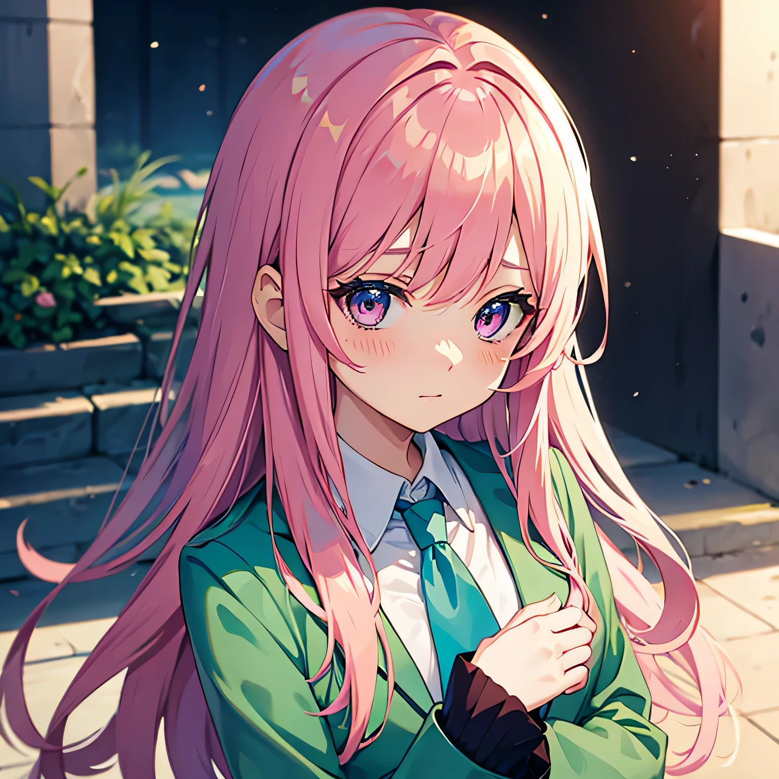 Anime girl with pink hair in green suit and blue tie, pink eyes, shy blush