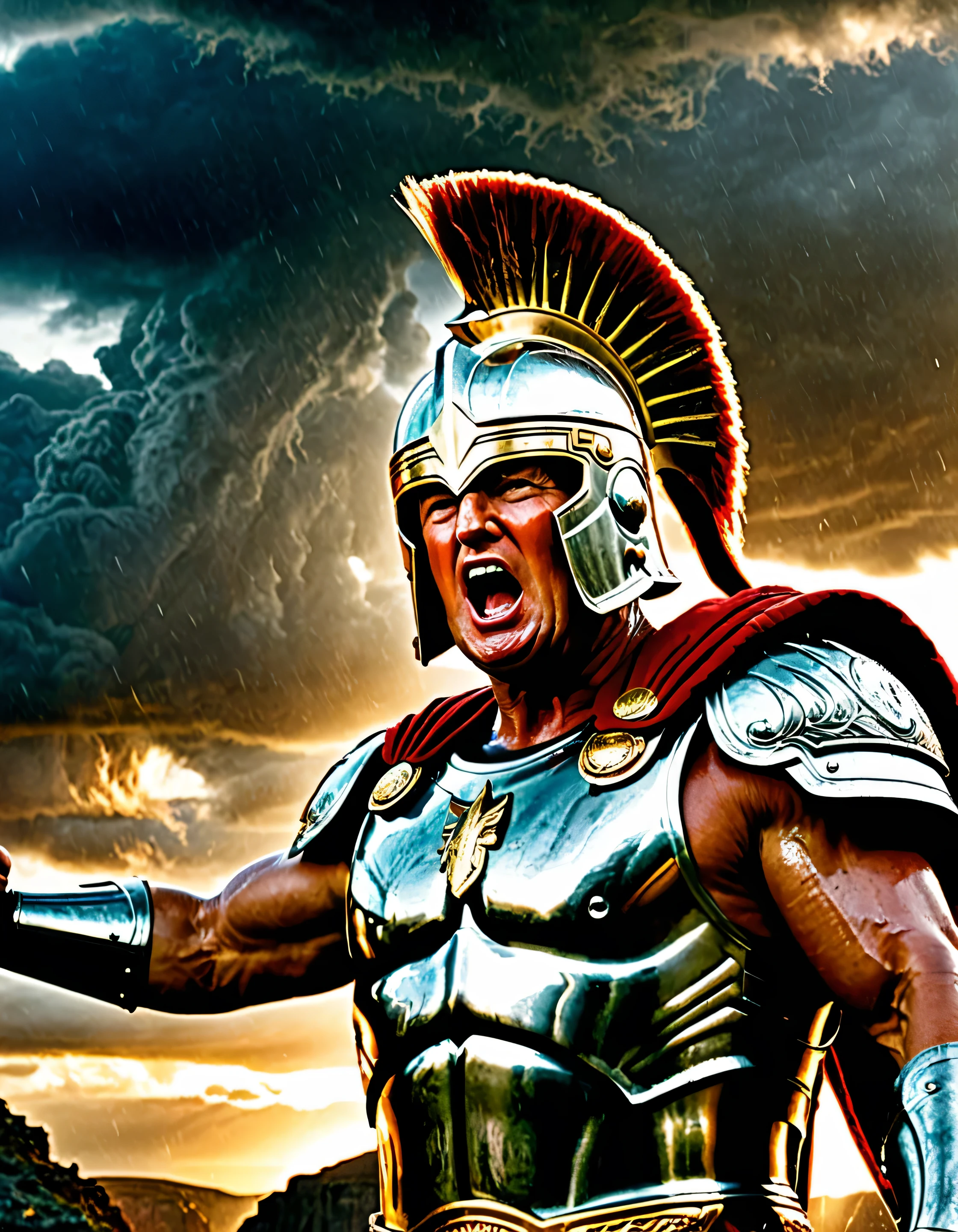 Cinematic film-still of Donald-trump as a spartan warrior, helmet, standing, low-angle, close action shot, arm-up dynamic posing, yelling, sunset, stormy, grey skies, cliffs, raining, wind-blown (detailed high quality highres high saturation)