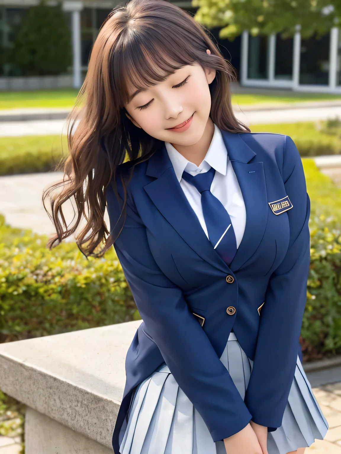 8k, highest quality, real image, intricate details, Super detailed, ultra high resolution, depth field,(realistic,realistic:1.2), from the middle, (closed my eyes), 1 Japanese girl, very beautiful 17 year old girl, Big eyes, beautiful breasts:1.5、highly detailed eyes:1.2), (beautiful breasts:1.1), (small breasts:1.5), wavy hair、curly hair、bangs, perfect skin, Fair skin, huge hips, thick thighs, thick legs, cleavage, tight waist, light blush, alone, looking at the viewer, (smile:1.4), ((School_uniform),(dark blue blazer), (white shirt、wear a tie), (gray pleated skirt), (sculpture installation :1.1), break (round face)