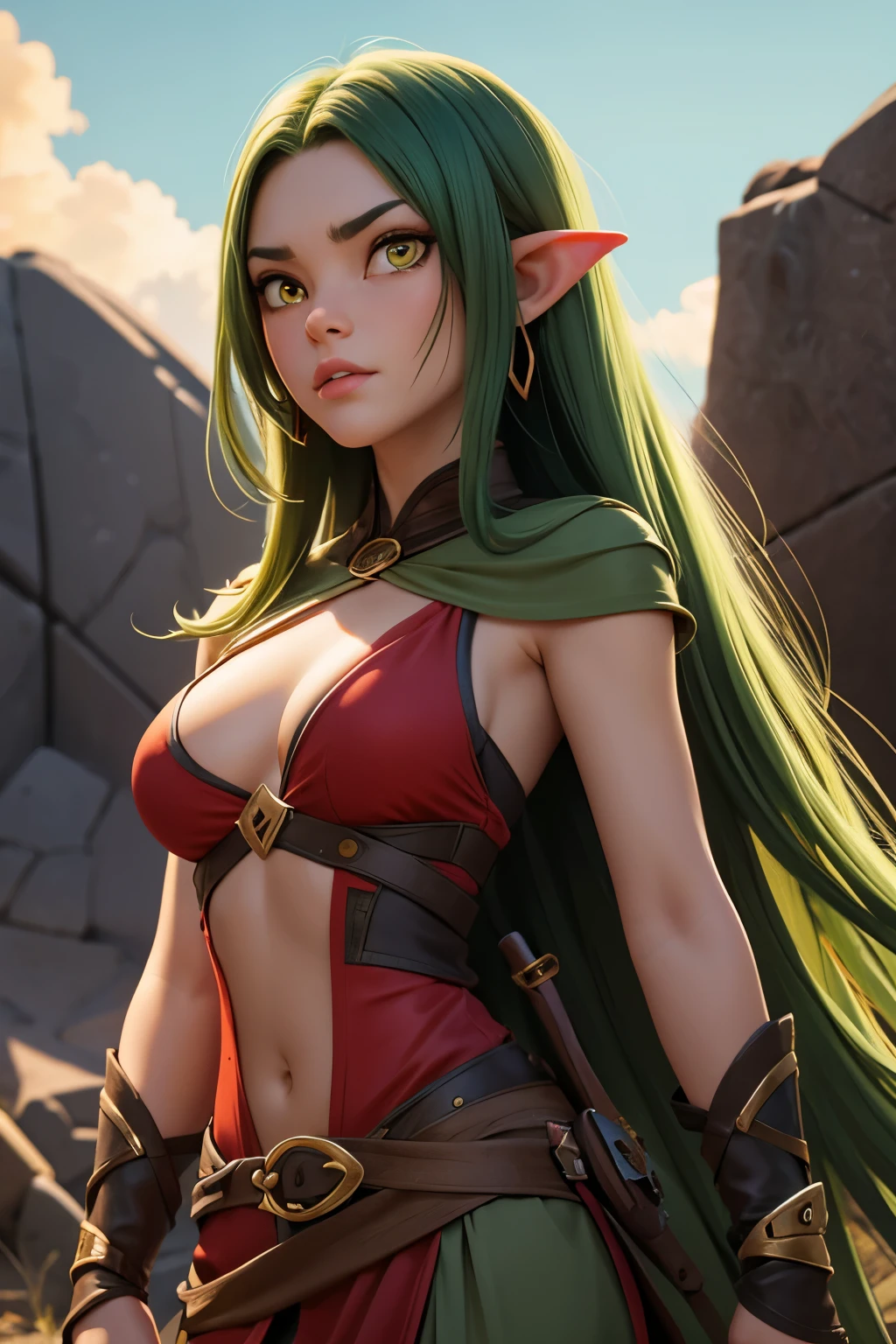 A female goblin, long dark green hair, yellow eyes, thin lips, round face, small breasts, wearing red tunic, beautiful female goblin