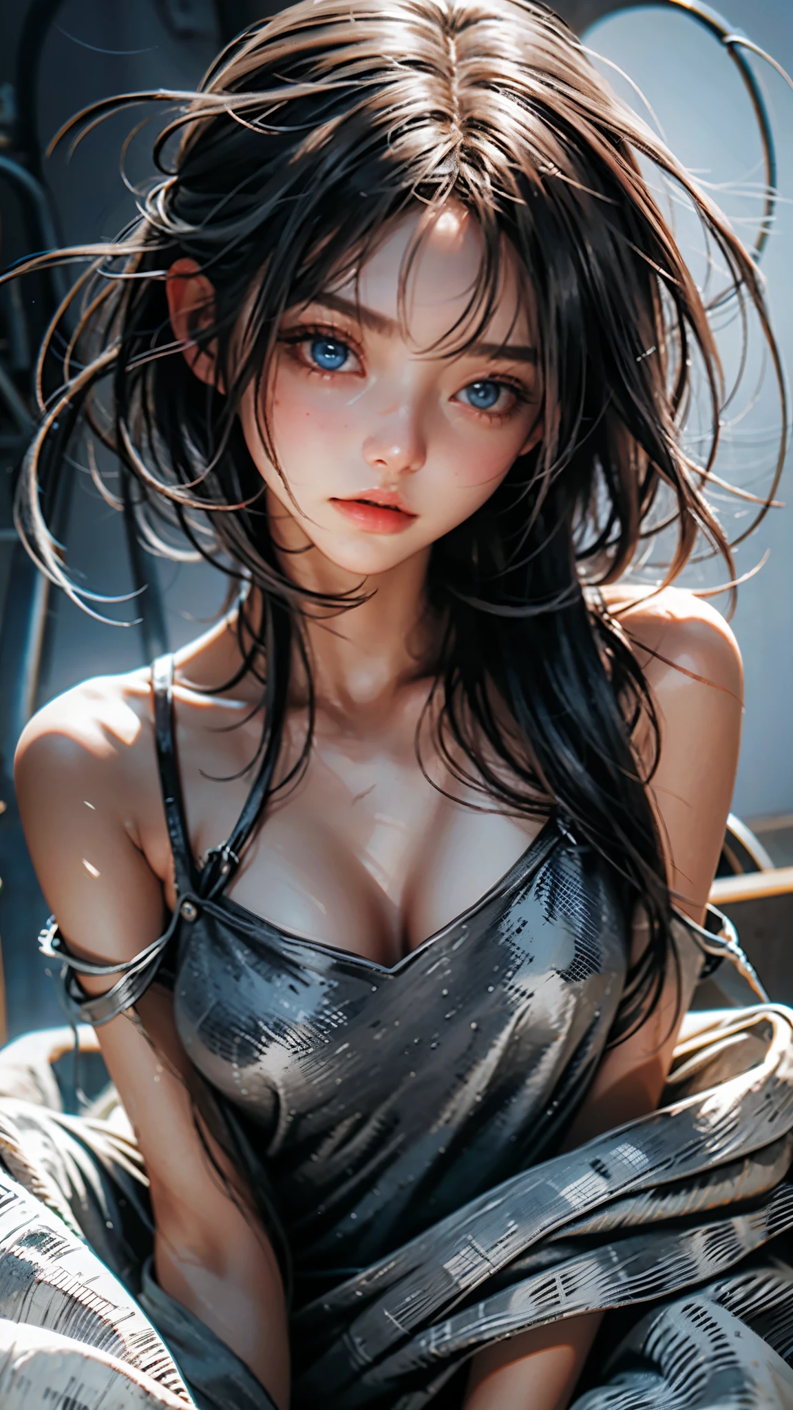 Best Quality, Realistic, (gray short hair girl), with fair skin and seductive blue-eyes, damp skin, detailed face, huge eyes, very small face, detailed eyes, big eyes, dropy eyes, Double eyelid, Glossy eyes, (Wearing Monotone shorts), Adopt a curvaceous posture, damp skin, daily、in a cafe, happy, Smiling, With a high ponytail and large breasts, Wet udder、wet breasts、large soft breasts、Ingrained skin, ingrown breast、bold exposure、wet skin、damp skin、captivate your audience、leaning forward、Adopt a curvaceous posture, Blurred background