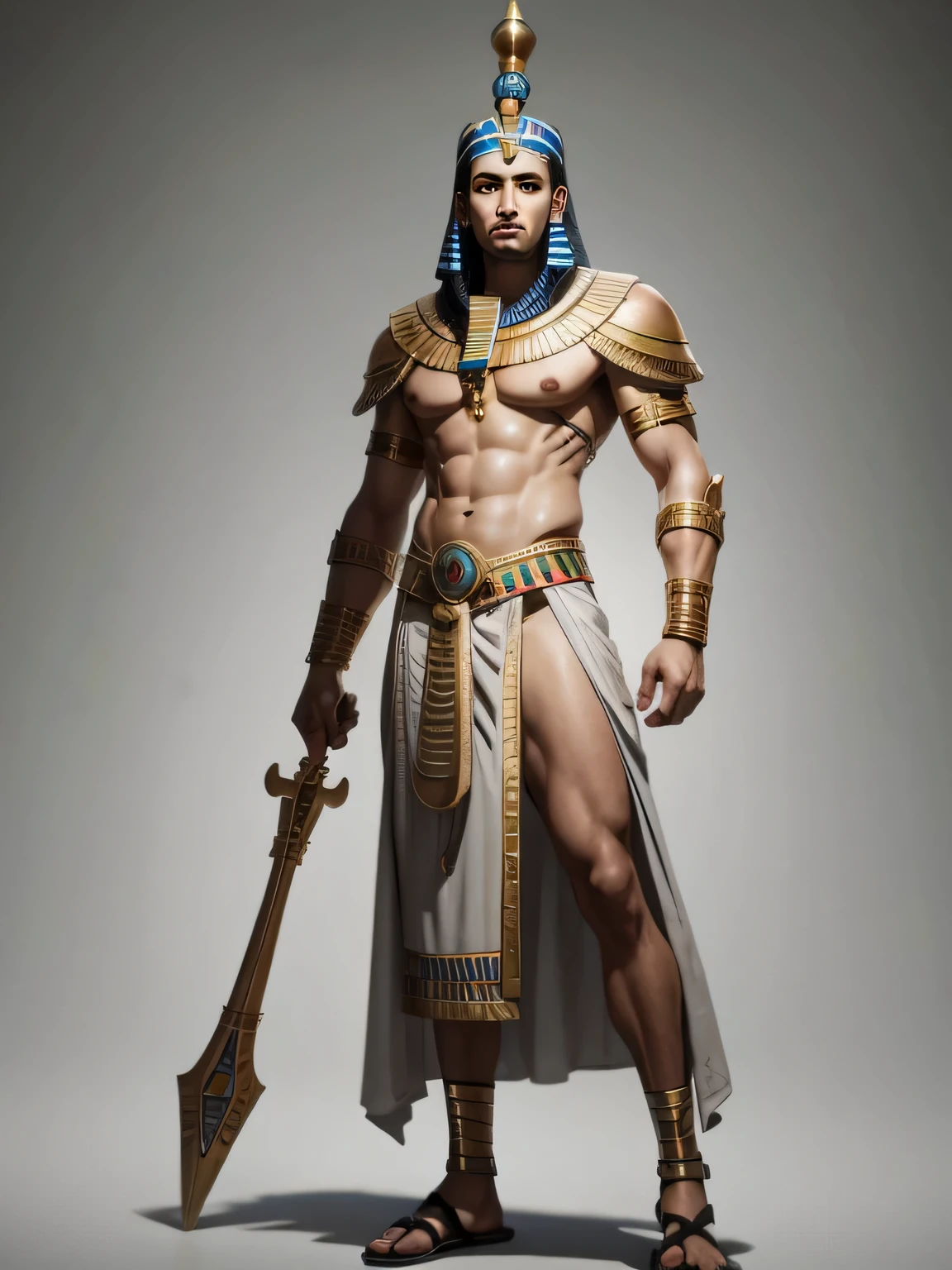 Egyptian ancient God, ancient egypt, egyptian clothes,, full length, full body, detailed, concept character, slot machine game character, digital painting, illustration, ((light grey background)), blurry background
