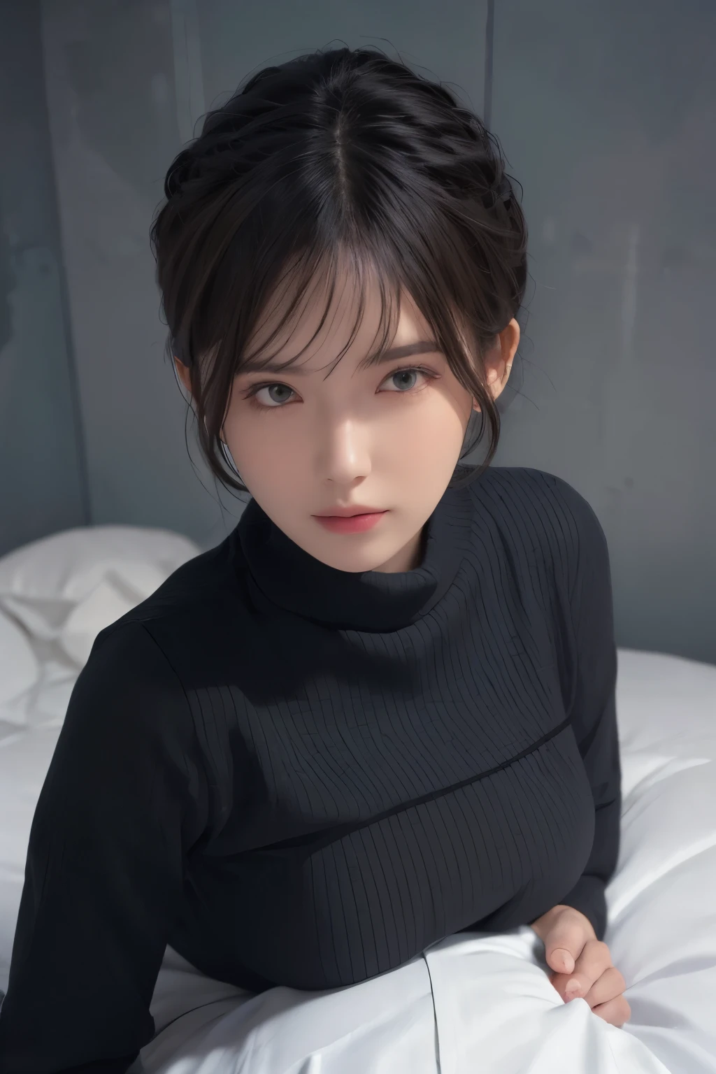 (masterpiece:1.3), (8k, lifelike, original photo, best quality: 1.4), (1 girl), pretty face, (lifelike的脸), (black hair, short hair:1.3), beautiful hairstyle, lifelike的眼睛, Beautiful and delicate eyes, (lifelike的皮肤), Beautiful skin, (sweater), Ridiculous, attractive, ultra high resolution, Surreal, Very detailed, golden ratio，whole body，raised buttocks，