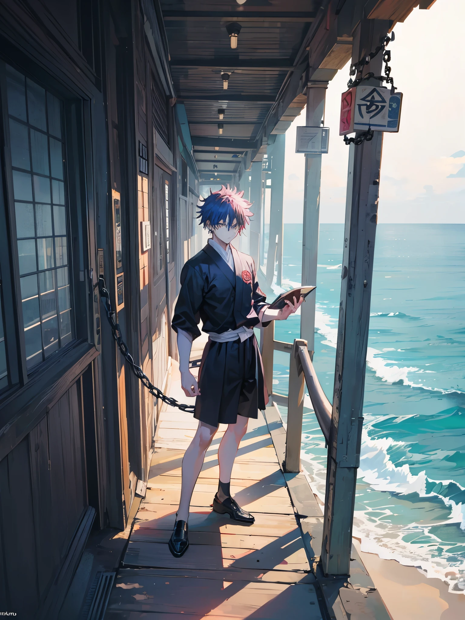 Ryomen Sukuna /(Jujutsu Kaisen)/, standing on a bridge in front of the sea, sozinho, vasto oceano ((melhor qualidade)), holding a chain of another in one hand