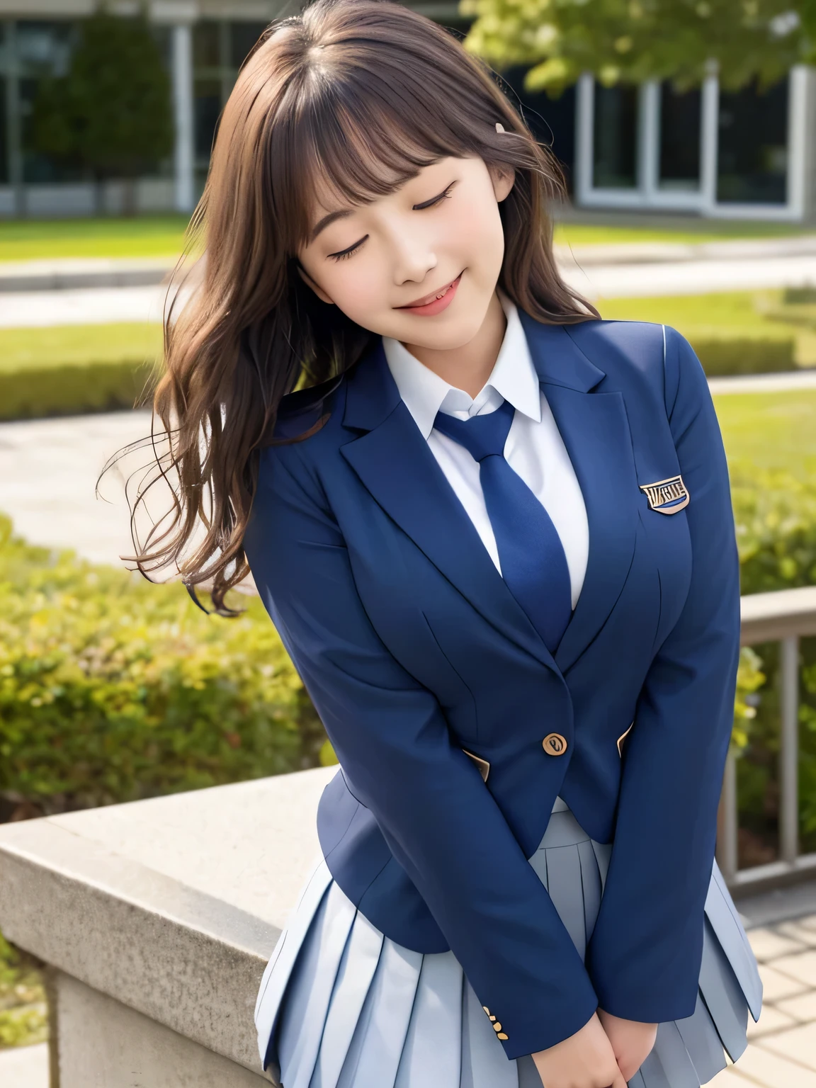 8k, highest quality, real image, intricate details, Super detailed, ultra high resolution, depth field,(realistic,realistic:1.2), from the middle, (closed my eyes), 1 Japanese girl, very beautiful 17 year old girl, Big eyes, beautiful breasts:1.5、highly detailed eyes:1.2), (beautiful breasts:1.1), (small breasts:1.2), wavy hair、curly hair、bangs, perfect skin, Fair skin, huge hips, thick thighs, thick legs, cleavage, tight waist, light blush, alone, looking at the viewer, (smile:1.4), ((School_uniform),(dark blue blazer), (white shirt、wear a tie), (gray pleated skirt), (sculpture installation :1.1), break (round face:1.2)