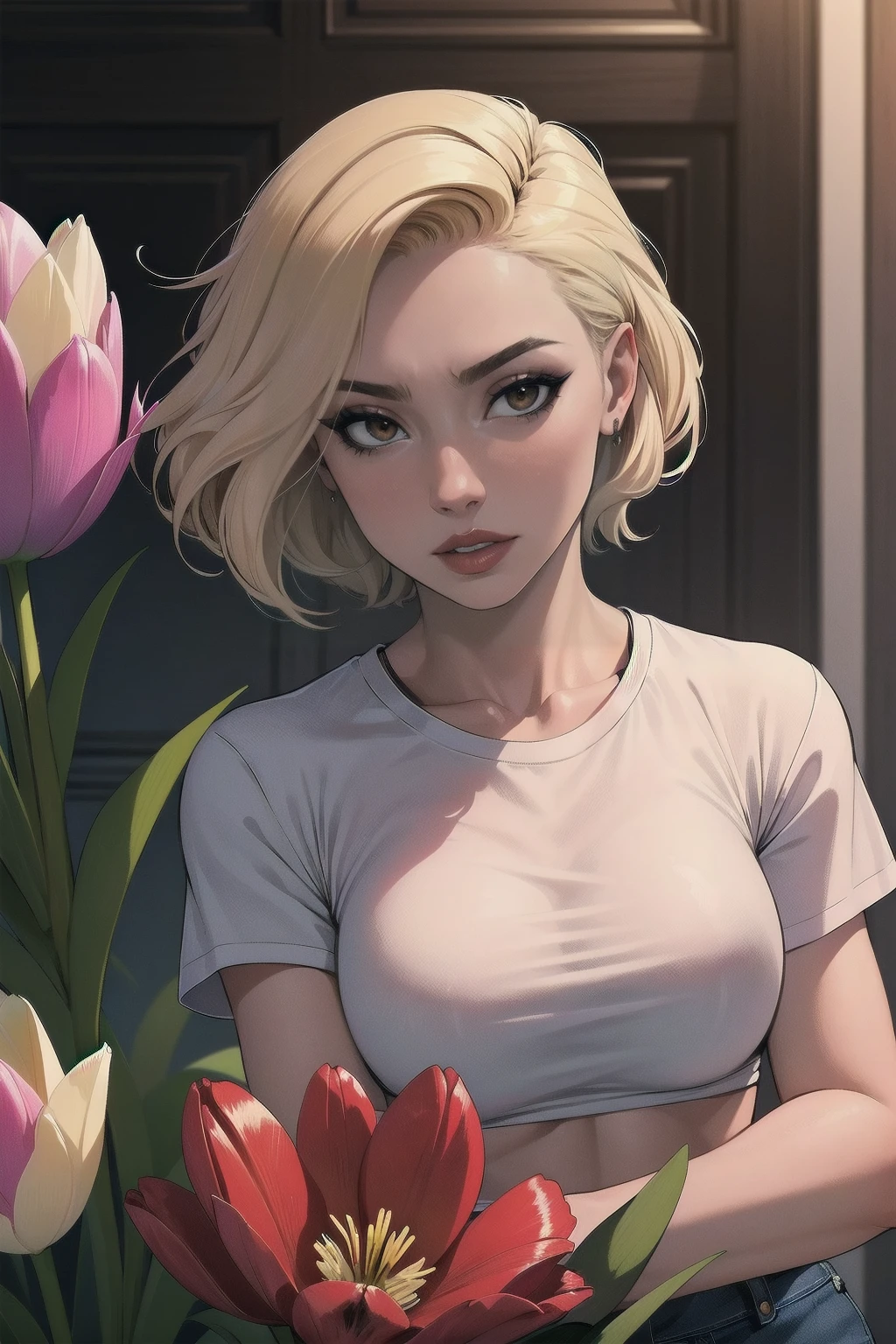 a woman with short blond hair, hair on shoulders,  wearing a white t-shirt  and jeans, brown  eyes, wife of preacher, tulip ohare, toon aesthetic, wearing red lipstick,  look like tulip ohare (comics) (preacher) (vertigo), upper body, 