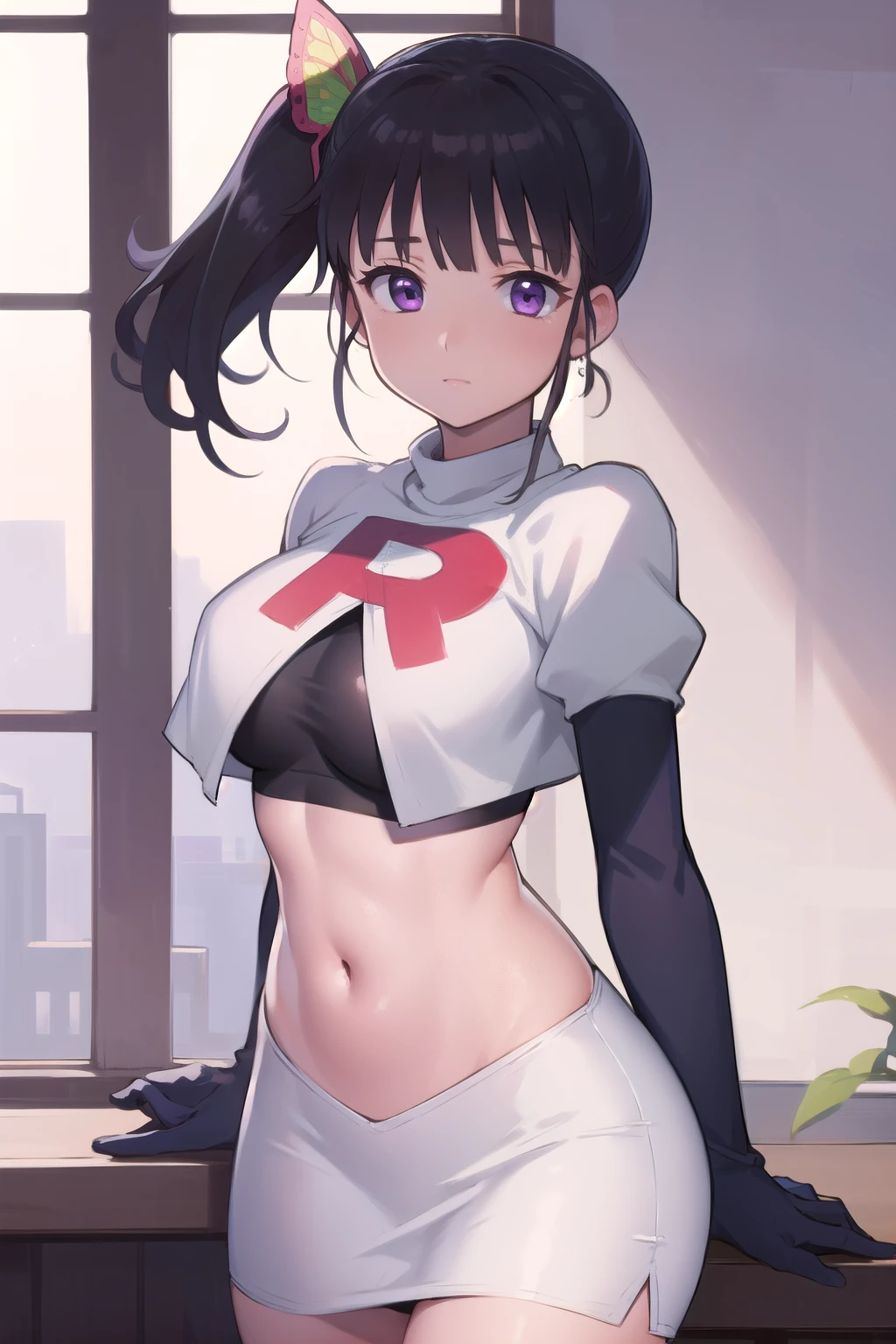 kanaotsuyuri, kanao tsuyuri, black hair, butterfly, butterfly hair ornament, (purple eyes:1.1), side ponytail, ponytail, 
BREAK team rocket,team rocket uniform, red letter R, white skirt,white crop top,black thigh-highs,black elbow gloves
BREAK looking at viewer,
BREAK (masterpiece:1.2), best quality, high resolution, unity 8k wallpaper, (illustration:0.8), (beautiful detailed eyes:1.6), extremely detailed face, perfect lighting, extremely detailed CG, (perfect hands, perfect anatomy),