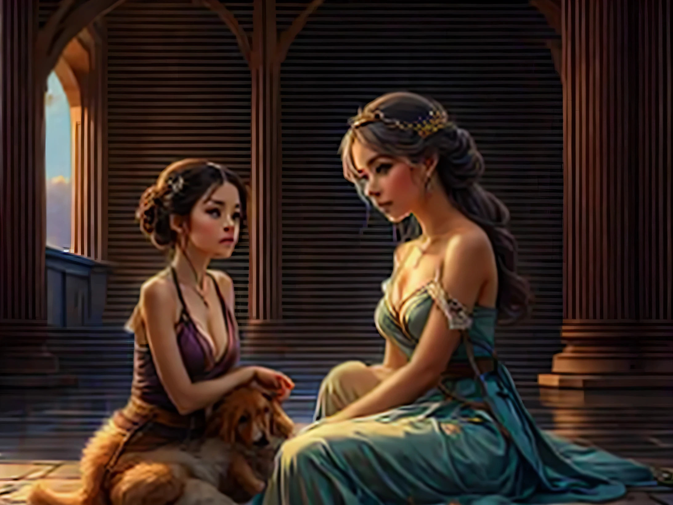 Painting of a woman and dog sitting on a stone floor, by Yamagata Hiro, Beautiful art UHD 4K, By Yoshihiko Wada, beautiful digital artwork, Beeple and Jeremiah Ketner, art of edouard bisson, detailed painting 4k, Konstantin Razumov, by Kose Kanaoka, 8K high quality detailed art