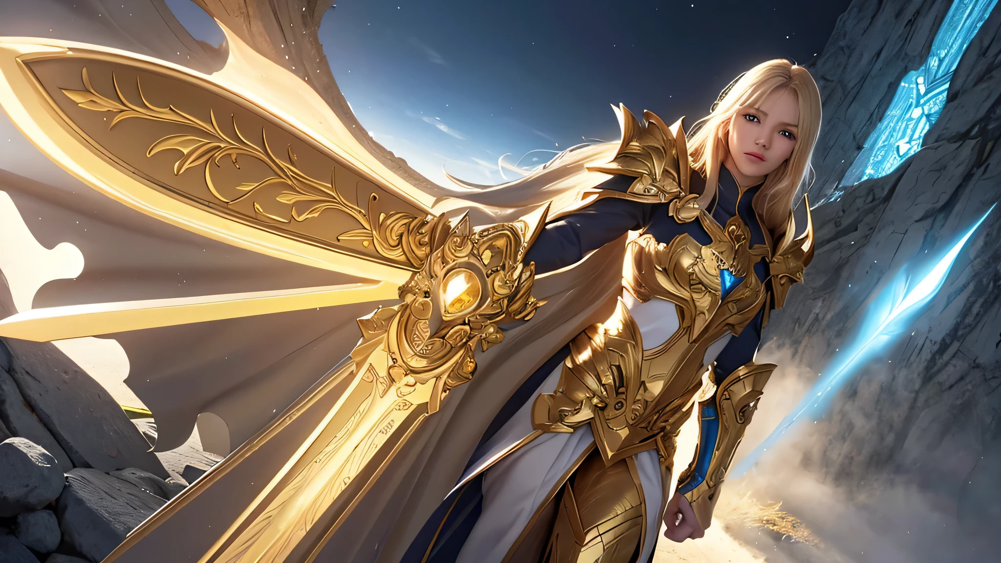 黄金の鎧を着た雄大なpaladin, Wield a sword imbued with a shining light, And has a huge golden shield. paladin&#39;His blue eyes shine with determination as he moves through the dark and mysterious streets..。. paladinの輝き&#39;the sword lights up the surroundings., Uncover intricate details、Add a cinematic touch to your composition. The overall aesthetic captures the beauty and depth of the scene, Reminds me of Fujifilm photos.perfect body,(lie:1.3)