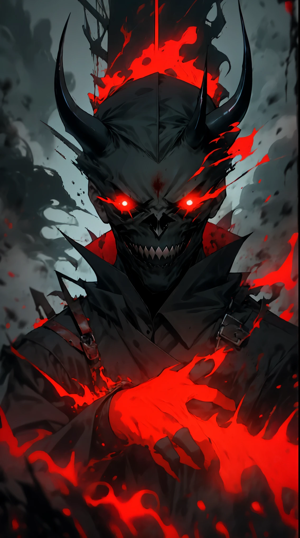 (detailed horns mask:1.2),(dark,evil) atmosphere,(mysterious,ominous,gritty) texture,1demonic character,sharp fangs,glowing red eyes,long sharp horns,pale skin,black claws,overgrown dark forest,ominous moonlight,heavy fog,spooky ambiance,bloody red color scheme,haunting shadows,creepy mist,horror genre,nightmarish,dynamic lighting,high contrast,ethereal feel,vivid colors