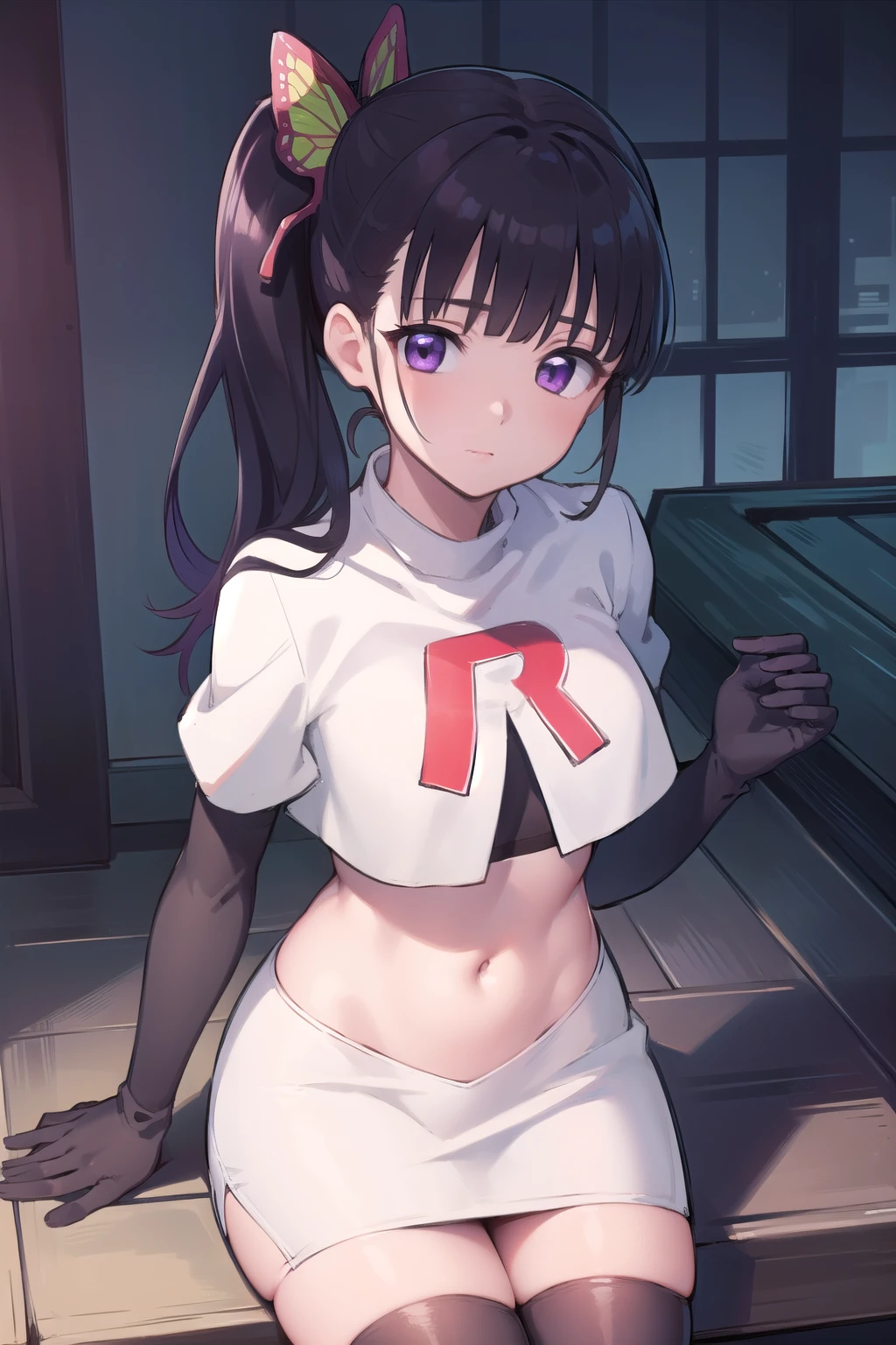 kanaotsuyuri, kanao tsuyuri, black hair, butterfly, butterfly hair ornament, (purple eyes:1.1), side ponytail, ponytail, 
BREAK team rocket,team rocket uniform, red letter R, white skirt,white crop top,black thigh-highs,black elbow gloves
BREAK looking at viewer,
BREAK (masterpiece:1.2), best quality, high resolution, unity 8k wallpaper, (illustration:0.8), (beautiful detailed eyes:1.6), extremely detailed face, perfect lighting, extremely detailed CG, (perfect hands, perfect anatomy),