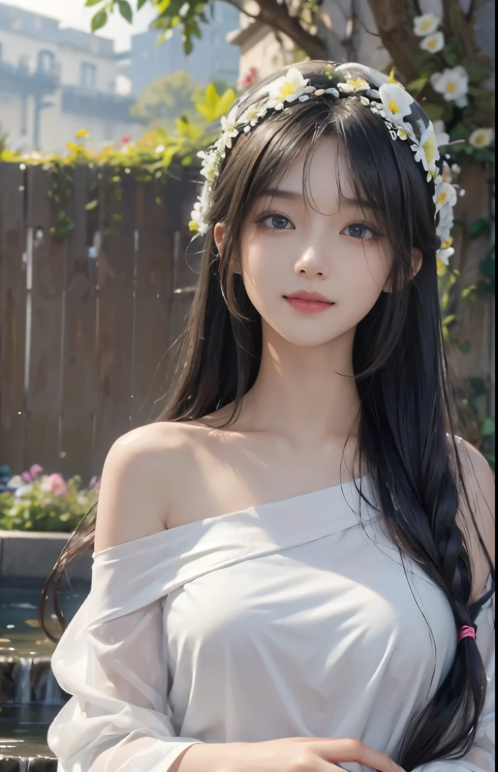 (A hyper-realistic)、(hight resolution)、(8K)、(highly detailed)、(Best Illustration)、(beautifully detailed eyes)、(top-quality)、(ultra-detailliert)、(masterpiece)、(wall-paper)、(A detailed face)、solo、1 girl in、looking at viewert、fine detailed、A detailed face、in the darkness nigth、deep-shadows、lowkey、pureerosfaceace_v1、A smile、long、Black straight hair、46-point diagonal bangs、Wet hair、Wet skin、Hair spreads、See-through stole on shoulder、Dynamic Posing、Lots of flowers in the background、Big hair ornament