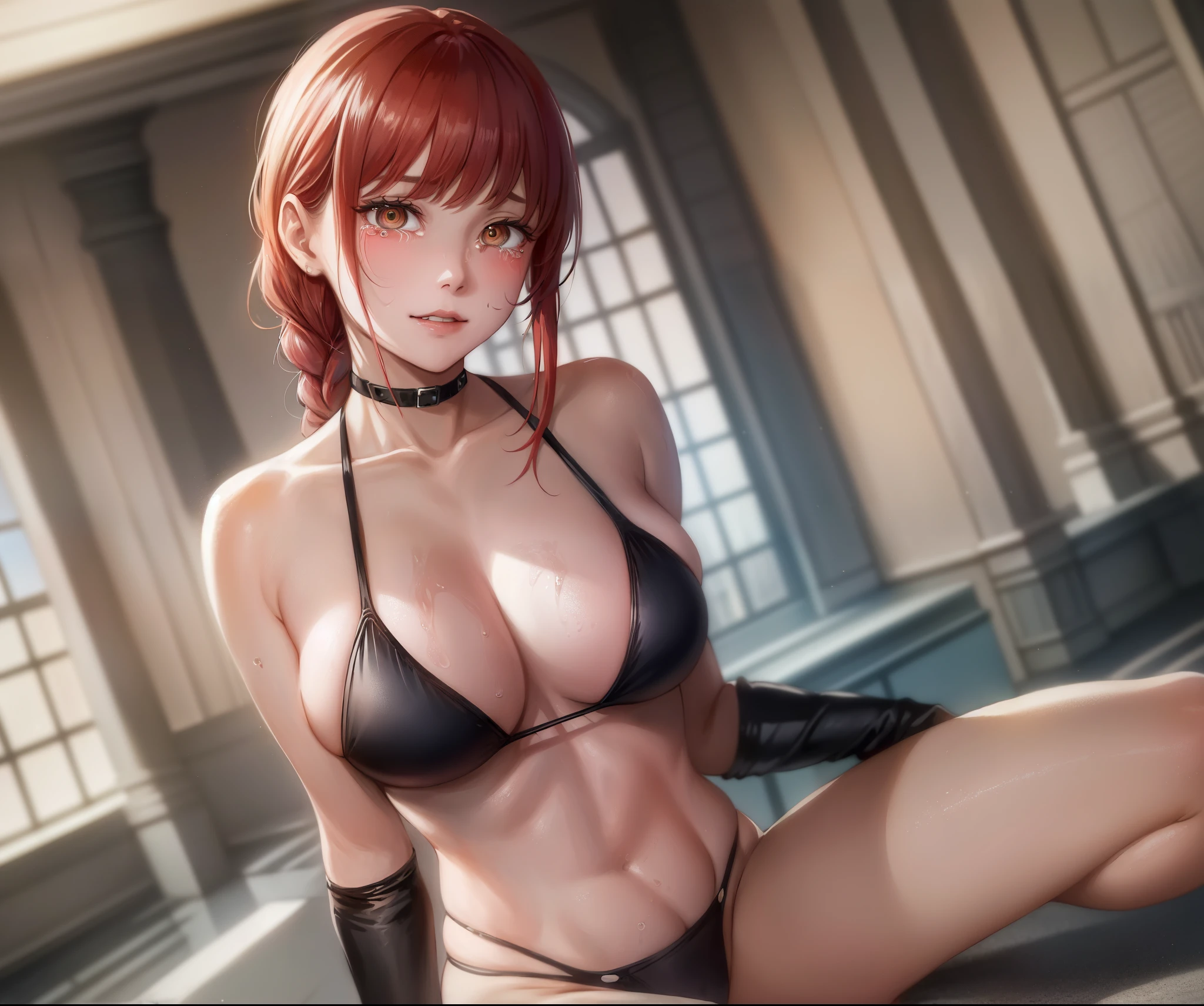 arms behind, masterpiece, top angle, camera gaze, one girl, cute, slender, black bikini, big, sagging breasts, sweaty, bright, shining skin, depth of field, sharp focus, detailed eyes, clear eyes, realistic eyes, delicate facial features, high resolution, (hyper detail: 1.2), trembling, anguish, sad smile, restraint, shyness, (teary eyes: 1.5), (thick thighs: 0.4) micro bikini,micro bikini,red hair, long braided hair, golden eyes,squatting,open legs