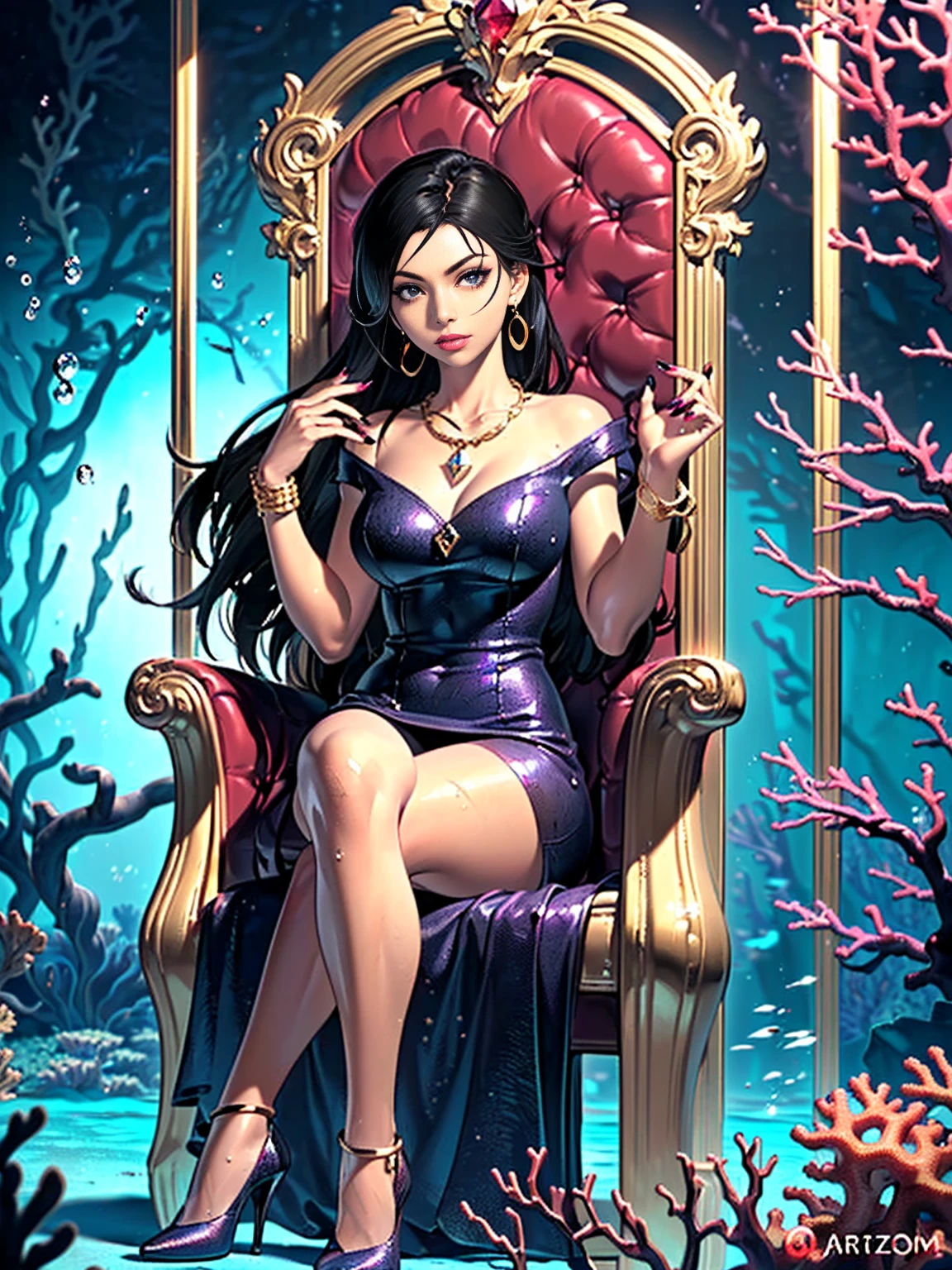 ((1girl, solo ,alone, (masterpiece, standing, best quality, (shoko_sugimoto, black eyes, long hair, black hair, standing), painted nails, gold bracelets, ruby earrings)), ((solo, 1woman, pink lipstick, Extremely detailed, ambient soft lighting, 4k, perfect eyes, a perfect face, perfect lighting, a 1girl)), austere, ((sitting on a throne, ((legs crossed, high heels, underwater, submerged in the ocean, deep sea, sea creatures, aqua)), sitting on her throne under; water, sea queen, mu yanling, Krenz Cushart and Artgerm, ((fish, coral)), shark, turtle, algae)), ((long dress, elegant violet dress , formal dress, violet dress, bracelets, ruby earrings, gold necklace, diamond, sovereign))