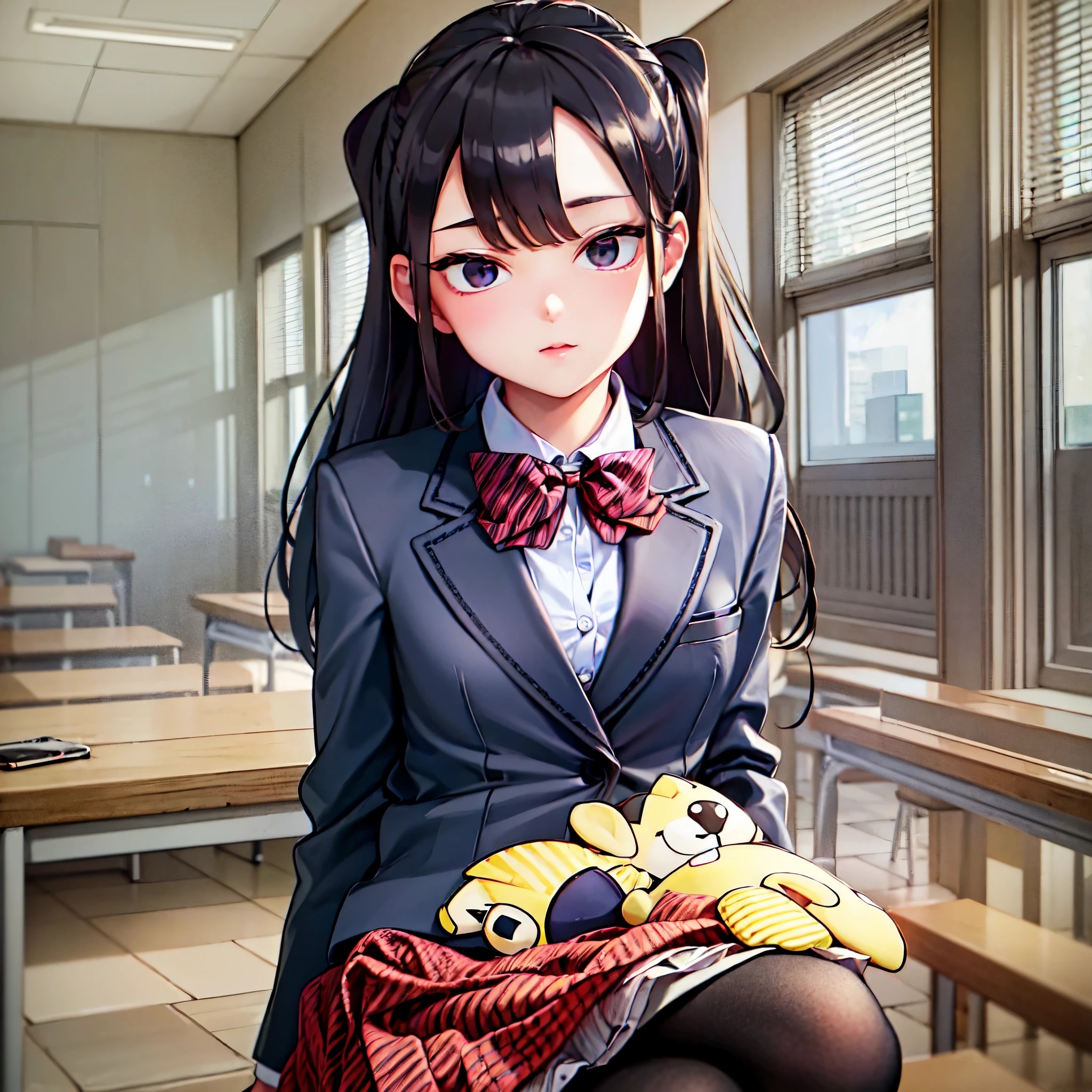 komiShouko, masterpiece, best quality, absurdres, 1girl, looking at viewer, v arms, pantyhose, classroom, school uniform, red skirt, red bow, blazer, window, sitting, chair, crowd,crossing legs