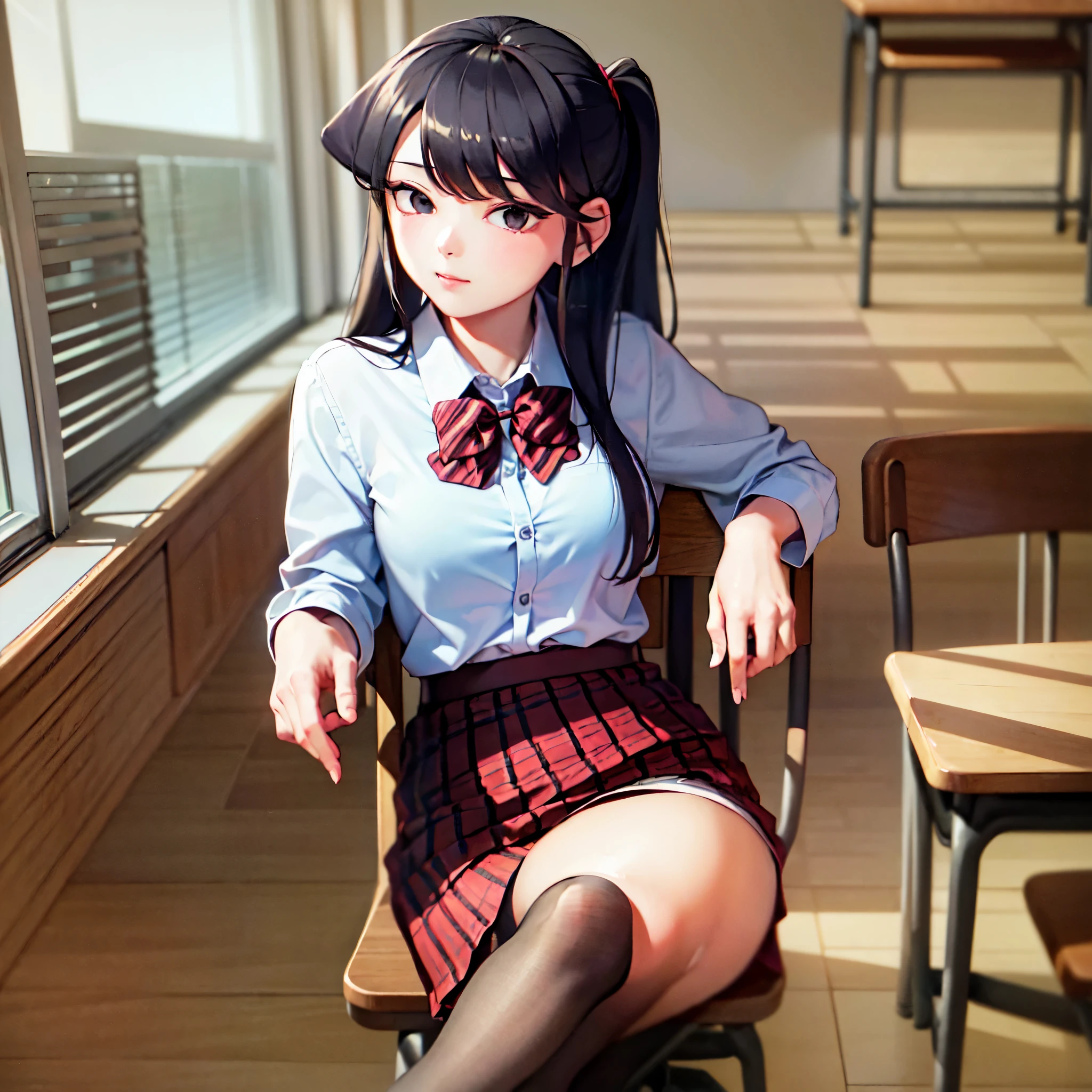 komiShouko, masterpiece, best quality, absurdres, 1girl, looking at viewer, v arms, pantyhose, classroom, school uniform, red skirt, red bow, blazer, window, sitting, chair, crowd,crossing legs