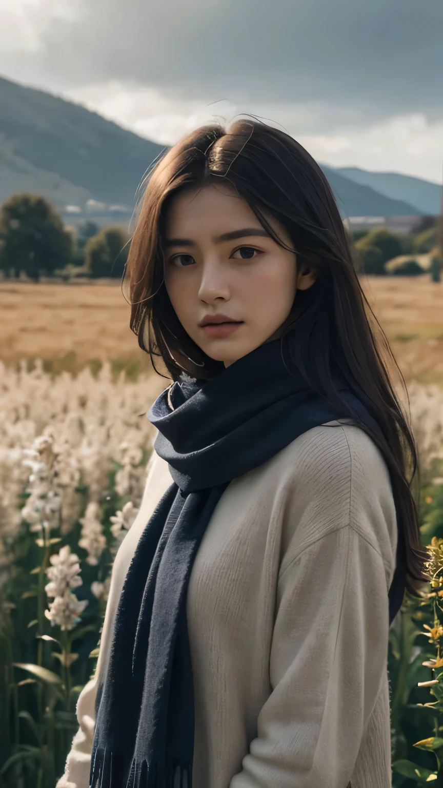 8k, highest quality, masterpiece, realistic, Super detailed, photo realistic, Improvement of quality,
Photo of a girl standing in a field with a scarf, In a dark and gloomy designer style, voluminous mass, photo bash, calm face, jagged edges, navy, beauty of nature, close up shot