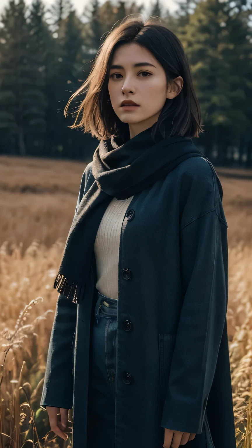8k, highest quality, masterpiece, realistic, Super detailed, photo realistic, Improvement of quality,
Photo of a girl standing in a field with a scarf, In a dark and gloomy designer style, voluminous mass, photo bash, calm face, jagged edges, navy, beauty of nature, close up shot
