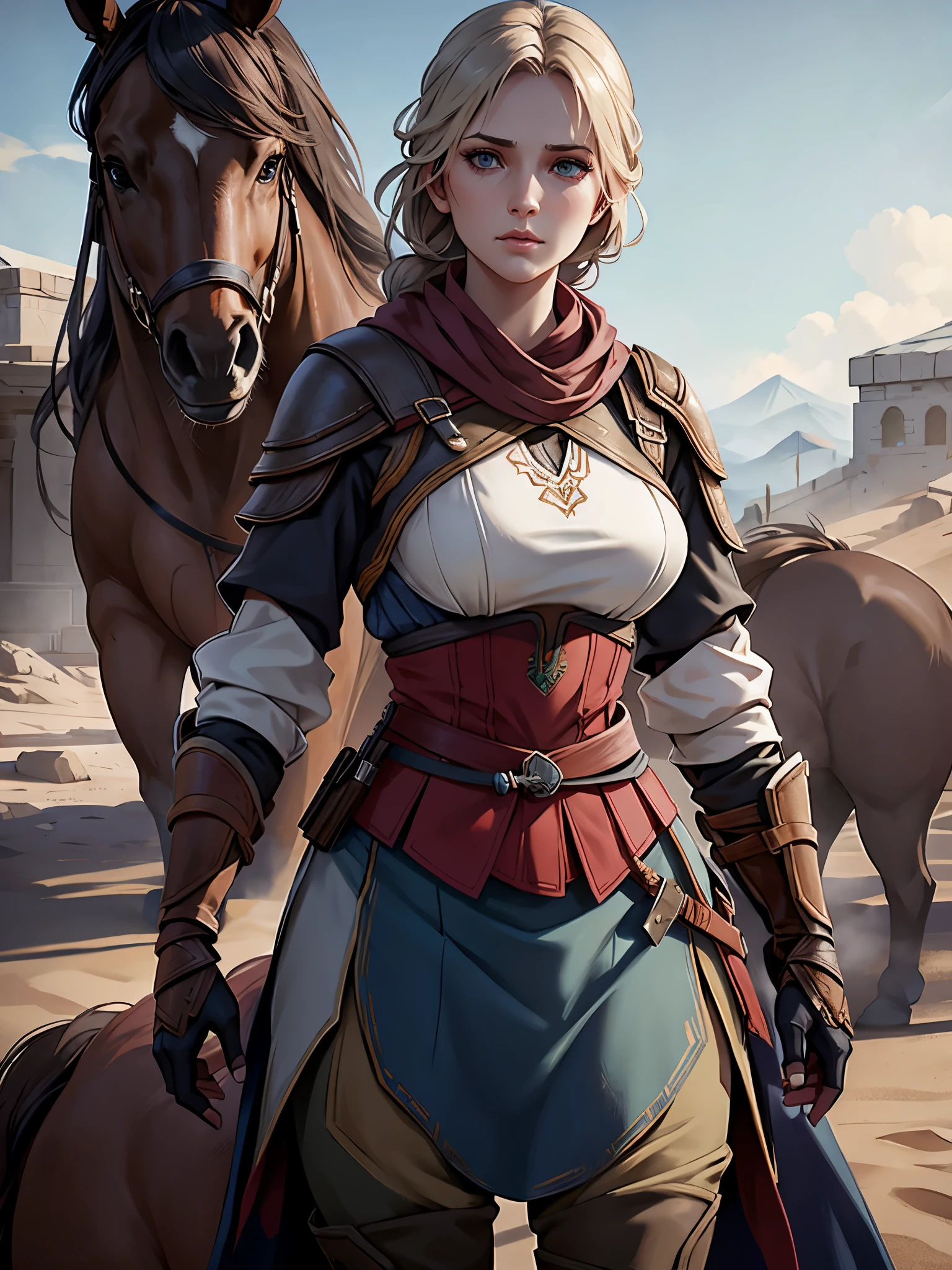 Portrait of a female warrior standing in front of a horse, Assassin&#39;s Creed Games, Photorealistic, post-apocalyptic