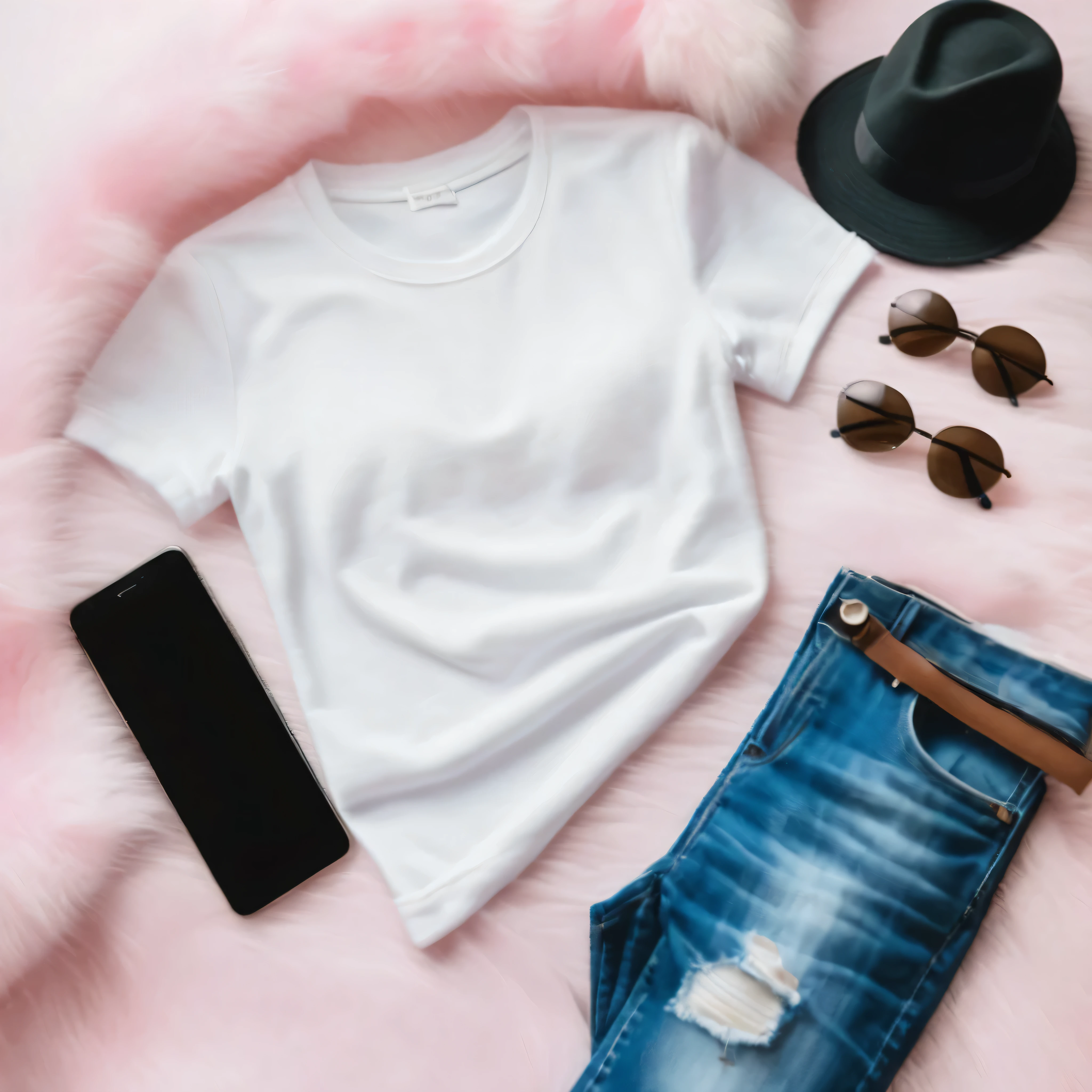 Create T-shirt mockup, top view, baby pink T shirt lying on a white furry curpet, jeans, lipstick, Ladis sunglass, Hat, Smart Phone around the T-Shirt, on the white furry curpet, Flat white background, half sleeve T-shirt, crew neck design,