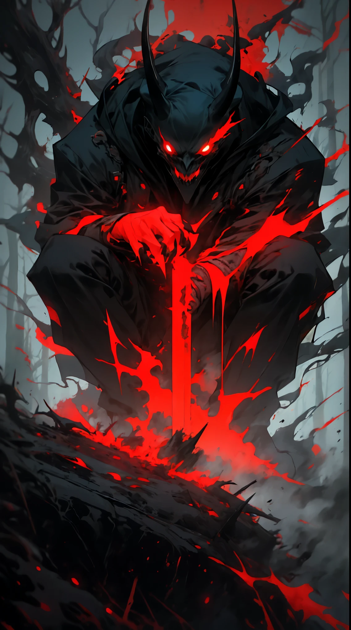 (detailed horns mask:1.2),(dark,evil) atmosphere,(mysterious,ominous,gritty) texture,1demonic character,sharp fangs,glowing red eyes,long sharp horns,pale skin,black claws,overgrown dark forest,ominous moonlight,heavy fog,spooky ambiance,bloody red color scheme,haunting shadows,creepy mist,horror genre,nightmarish,dynamic lighting,high contrast,ethereal feel,vivid colors
