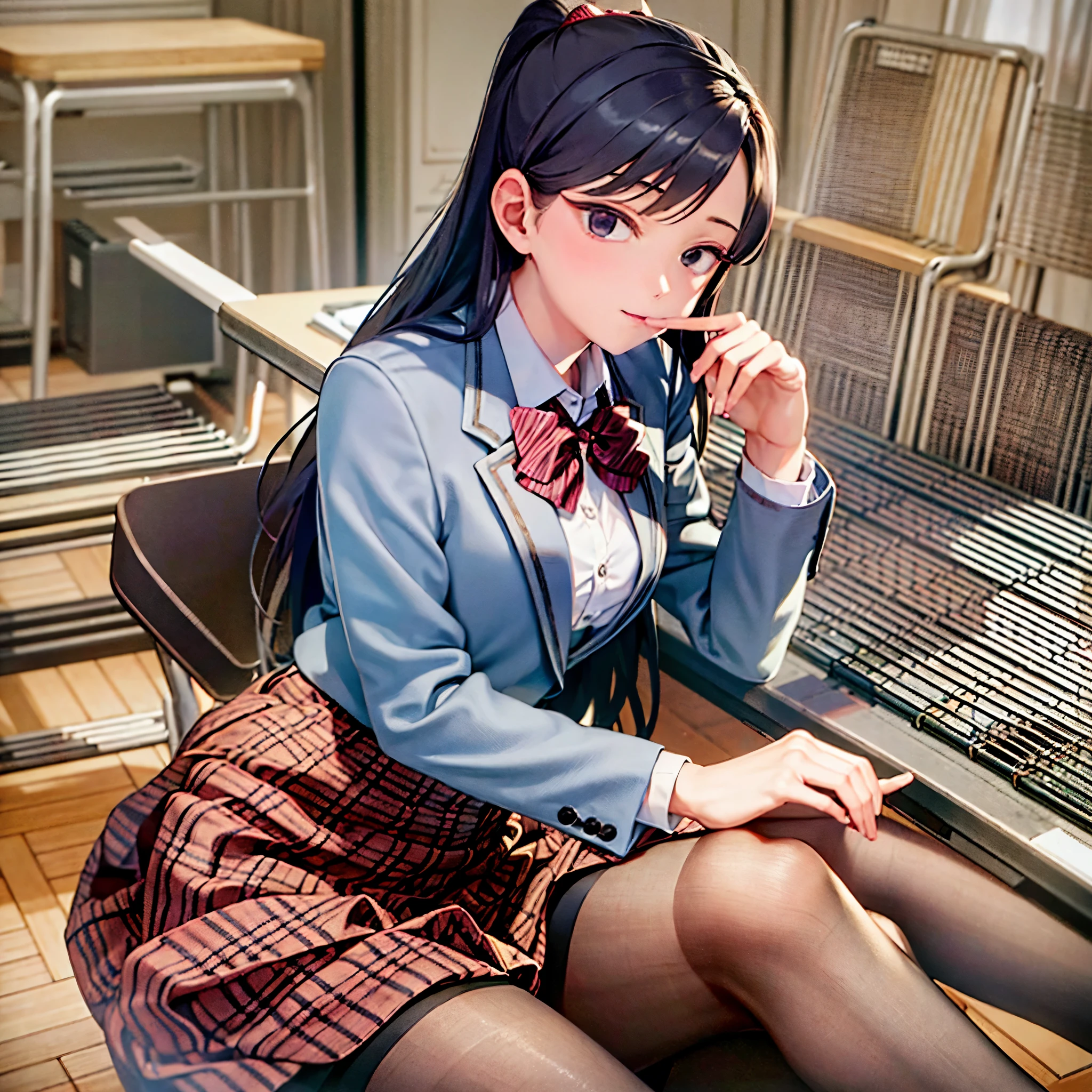 komiShouko, masterpiece, best quality, absurdres, 1girl, looking at viewer, v arms, pantyhose, classroom, school uniform, red skirt, red bow, blazer, window, sitting, chair, crowd,crossing legs