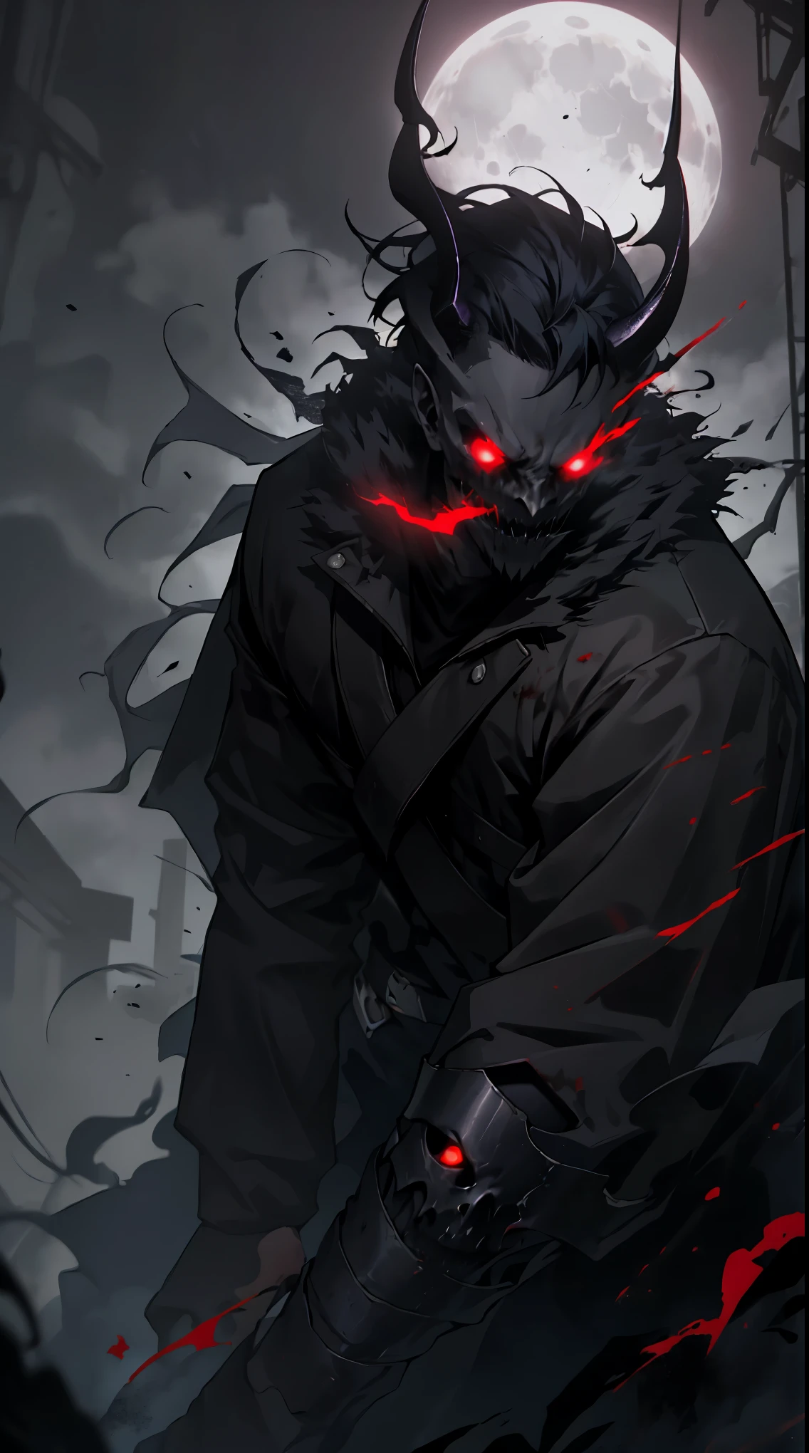 (detailed horns mask:1.2),(dark,evil) atmosphere,(mysterious,ominous,gritty) texture,1demonic character,sharp fangs,glowing red eyes,long sharp horns,pale skin,black claws,overgrown dark forest,ominous moonlight,heavy fog,spooky ambiance,bloody red color scheme,haunting shadows,creepy mist,horror genre,nightmarish,dynamic lighting,high contrast,ethereal feel,vivid colors