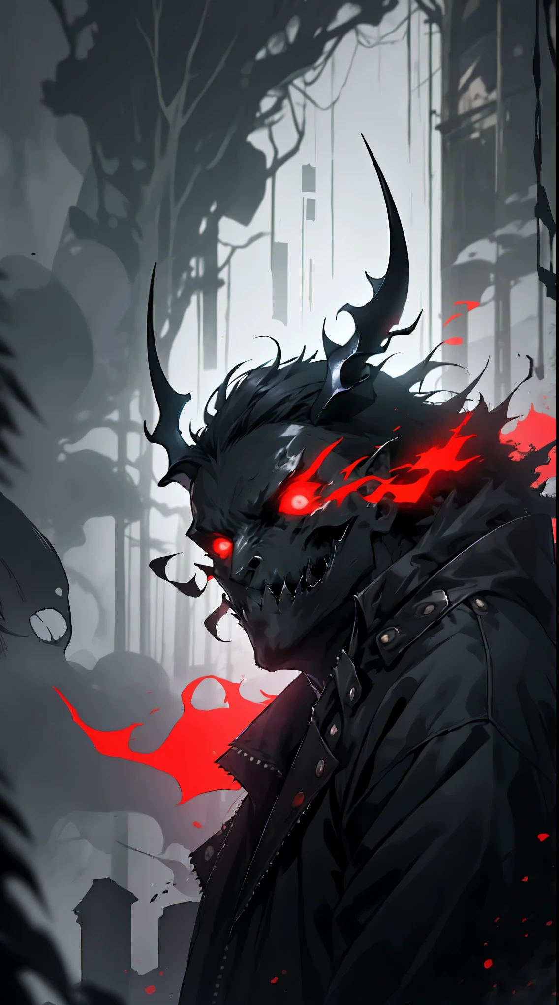 (detailed horns mask:1.2),(dark,evil) atmosphere,(mysterious,ominous,gritty) texture,1demonic character,sharp fangs,glowing red eyes,long sharp horns,pale skin,black claws,overgrown dark forest,ominous moonlight,heavy fog,spooky ambiance,bloody red color scheme,haunting shadows,creepy mist,horror genre,nightmarish,dynamic lighting,high contrast,ethereal feel,vivid colors