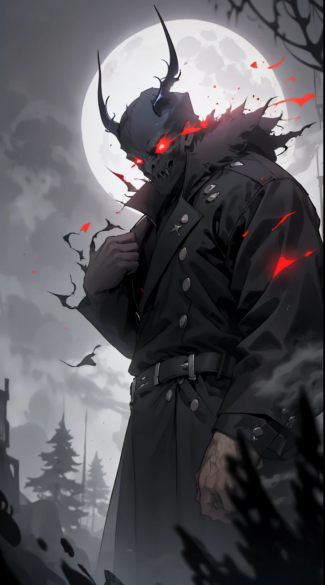 (detailed horns mask:1.2),(dark,evil) atmosphere,(mysterious,ominous,gritty) texture,1demonic character,sharp fangs,glowing red eyes,long sharp horns,pale skin,black claws,overgrown dark forest,ominous moonlight,heavy fog,spooky ambiance,bloody red color scheme,haunting shadows,creepy mist,horror genre,nightmarish,dynamic lighting,high contrast,ethereal feel,vivid colors