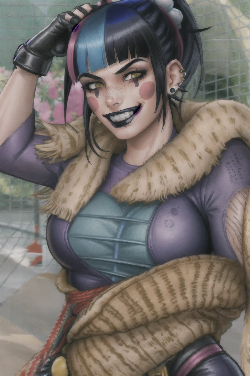 punchline, 1girl, solo, long hair, breasts, looking at viewer, smile, bangs, black hair, gloves, holding, blue hair, upper body, hair ornament, ponytail, multicolored hair, teeth, black gloves, blunt bangs, grin, two-tone hair, streaked hair, piercing, freckles, black lips, blush stickers, evil grin, 3D, render, 