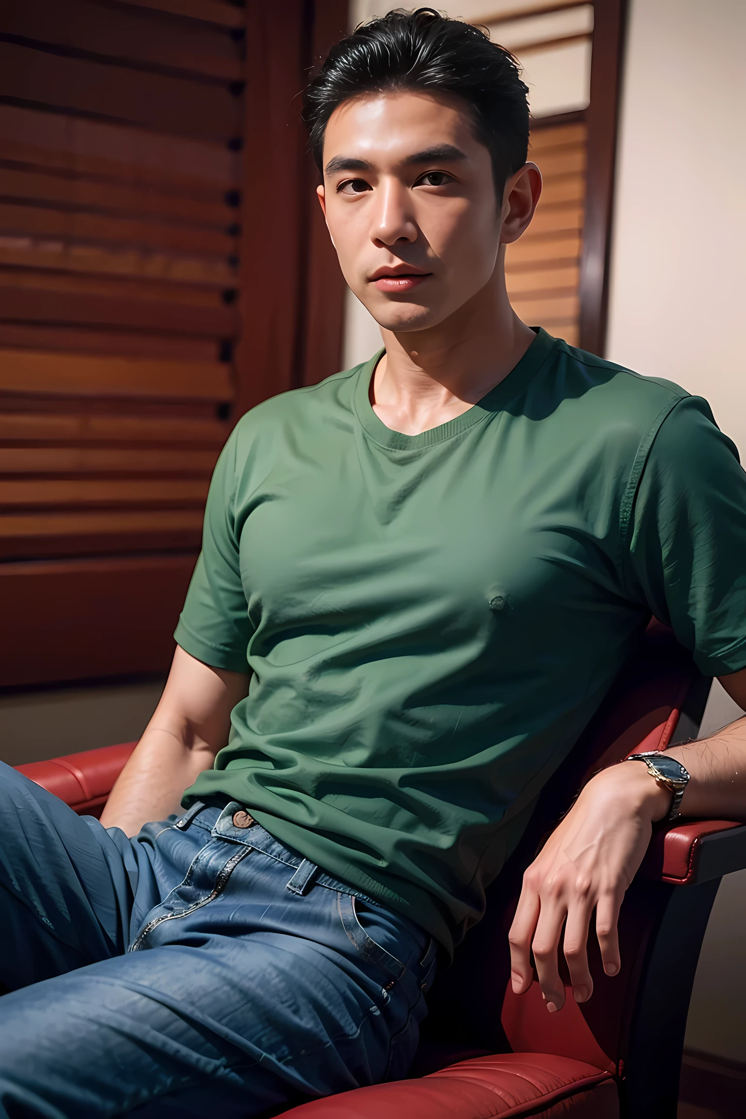 Realistic photography, Handsome Taiwanese man , Green Shirt