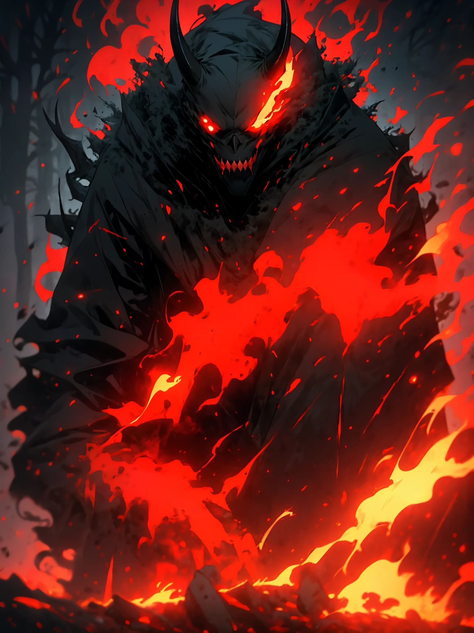 (detailed horns mask:1.2),(dark,evil) atmosphere,(mysterious,ominous,gritty) texture,1demonic character,sharp fangs,glowing red eyes,long sharp horns,pale skin,black claws,overgrown dark forest,ominous moonlight,heavy fog,spooky ambiance,bloody red color scheme,haunting shadows,creepy mist,horror genre,nightmarish,dynamic lighting,high contrast,ethereal feel,vivid colors