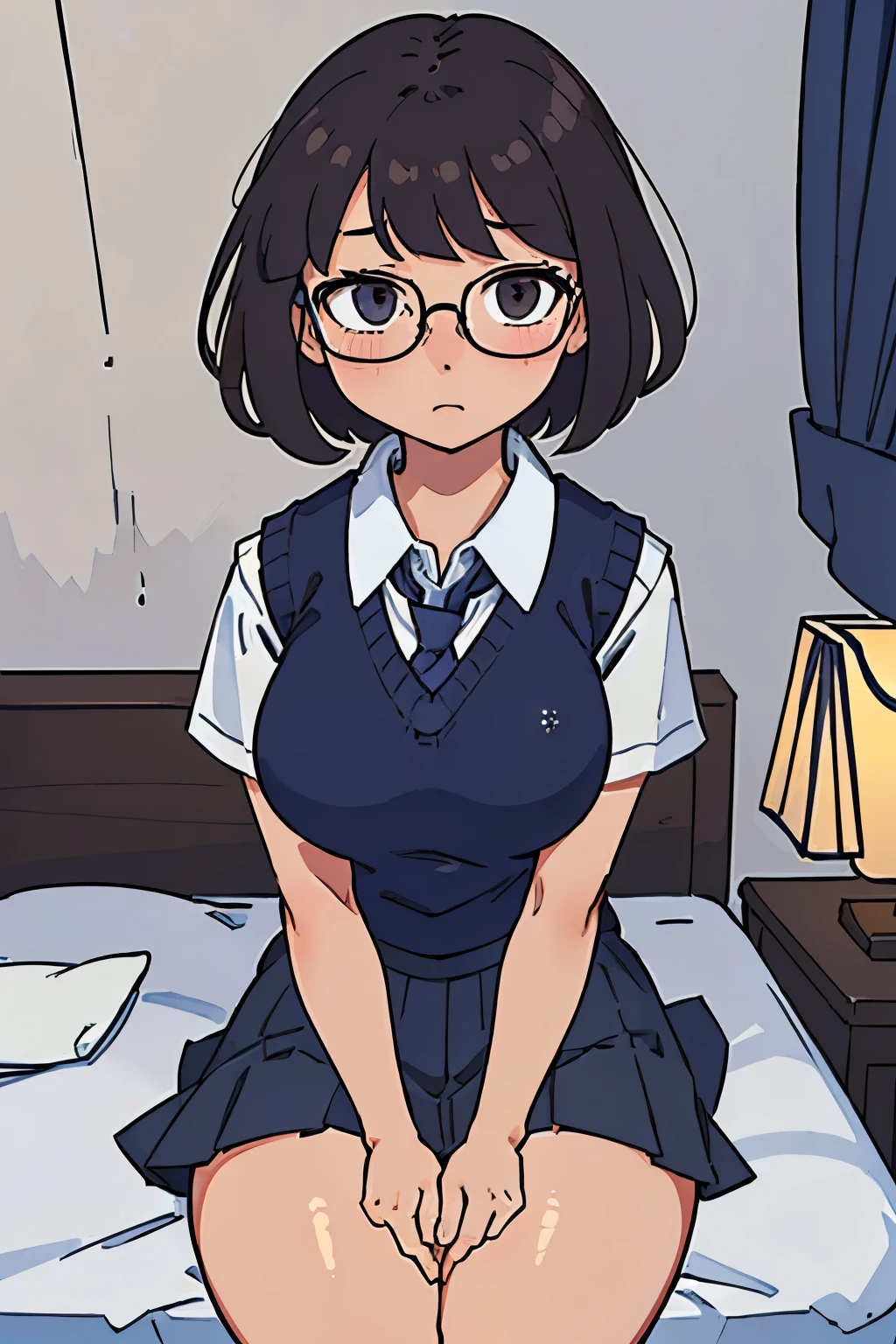 masterpiece, Ultra detailed, top quality, perfect anime illustration, a girl, , dark brown short cut, (((shy, thick thighs))), (shiny skin, huge breasts), short sleeve white collar shirt, ((light brown sweater vest)), (navy blue pleated skirt, tie), glasses, full body shot, sitting in bedroom, (wariza), bare legs,