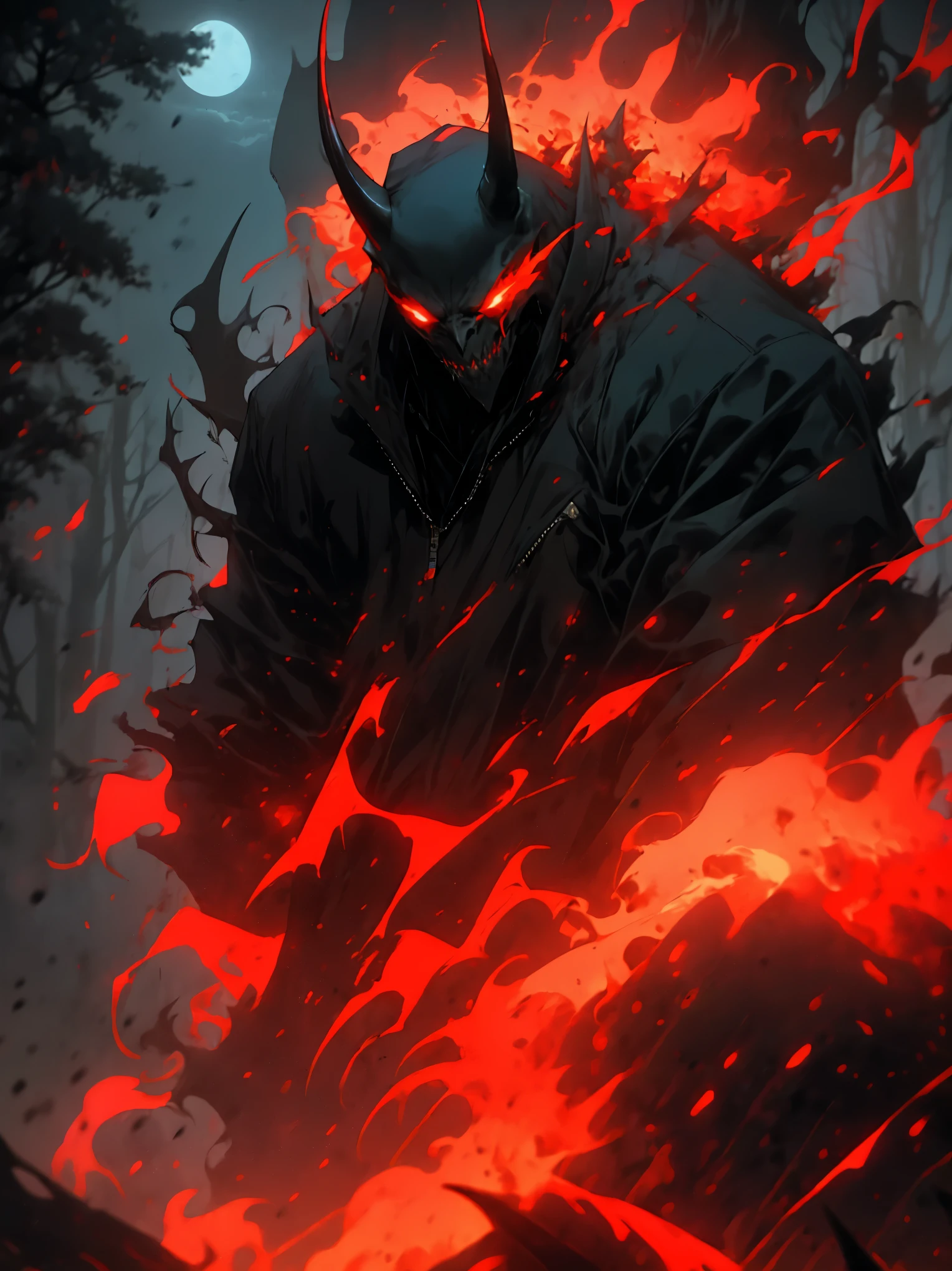 (detailed horns mask:1.2),(dark,evil) atmosphere,(mysterious,ominous,gritty) texture,1demonic character,sharp fangs,glowing red eyes,long sharp horns,pale skin,black claws,overgrown dark forest,ominous moonlight,heavy fog,spooky ambiance,bloody red color scheme,haunting shadows,creepy mist,horror genre,nightmarish,dynamic lighting,high contrast,ethereal feel,vivid colors