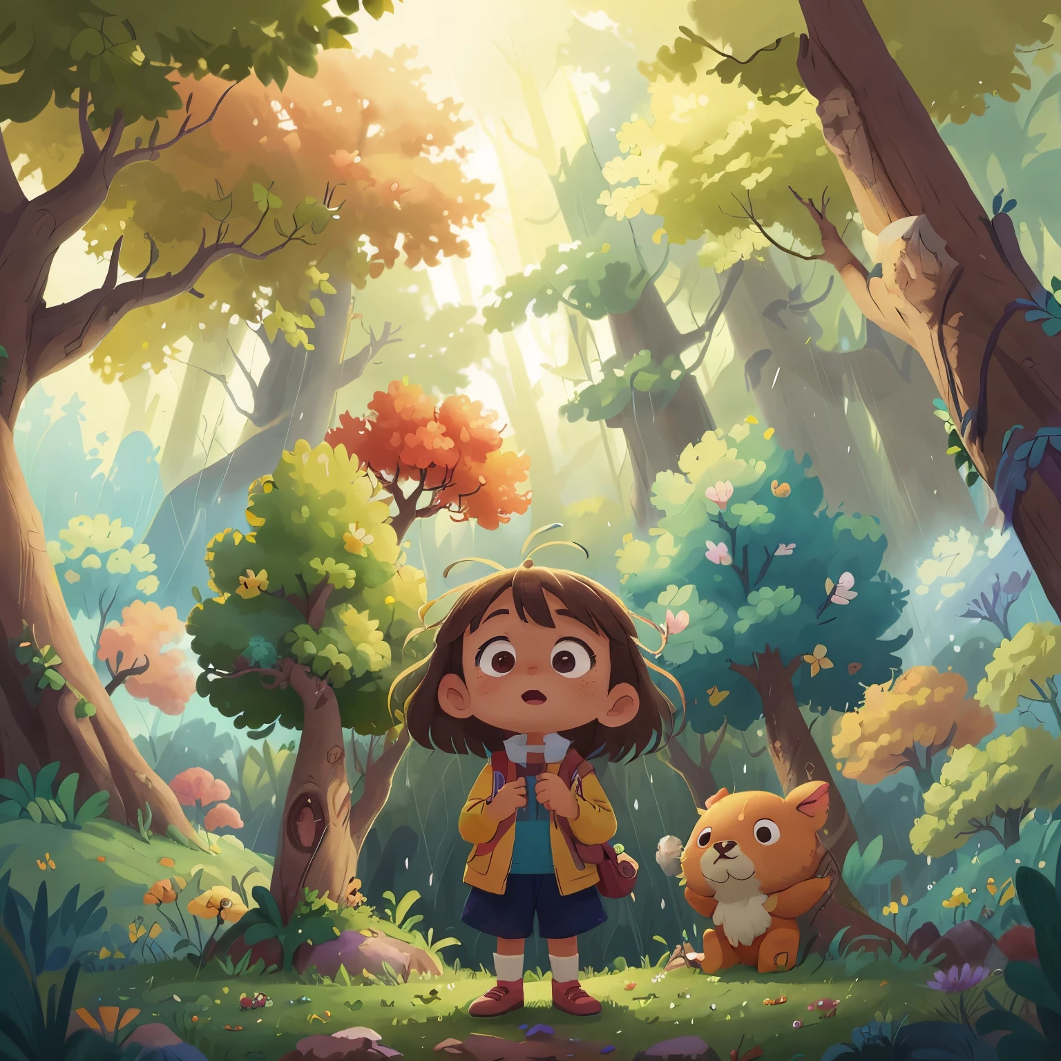 A , with her tiny hands clinging to the bark of a tree, gazes in awe at the rainbow (arcoiris) that arches beautifully over the landscape before her. The tree, tall and proud, stands as her protectors against the gentle rain that falls around her. The vibrant colors of the rainbow dance overhead, illuminating her face with a soft, ethereal glow. The scene is one of pure joy and wonderment, a moment of innocence and beauty that will remain etched in her memory forever.
