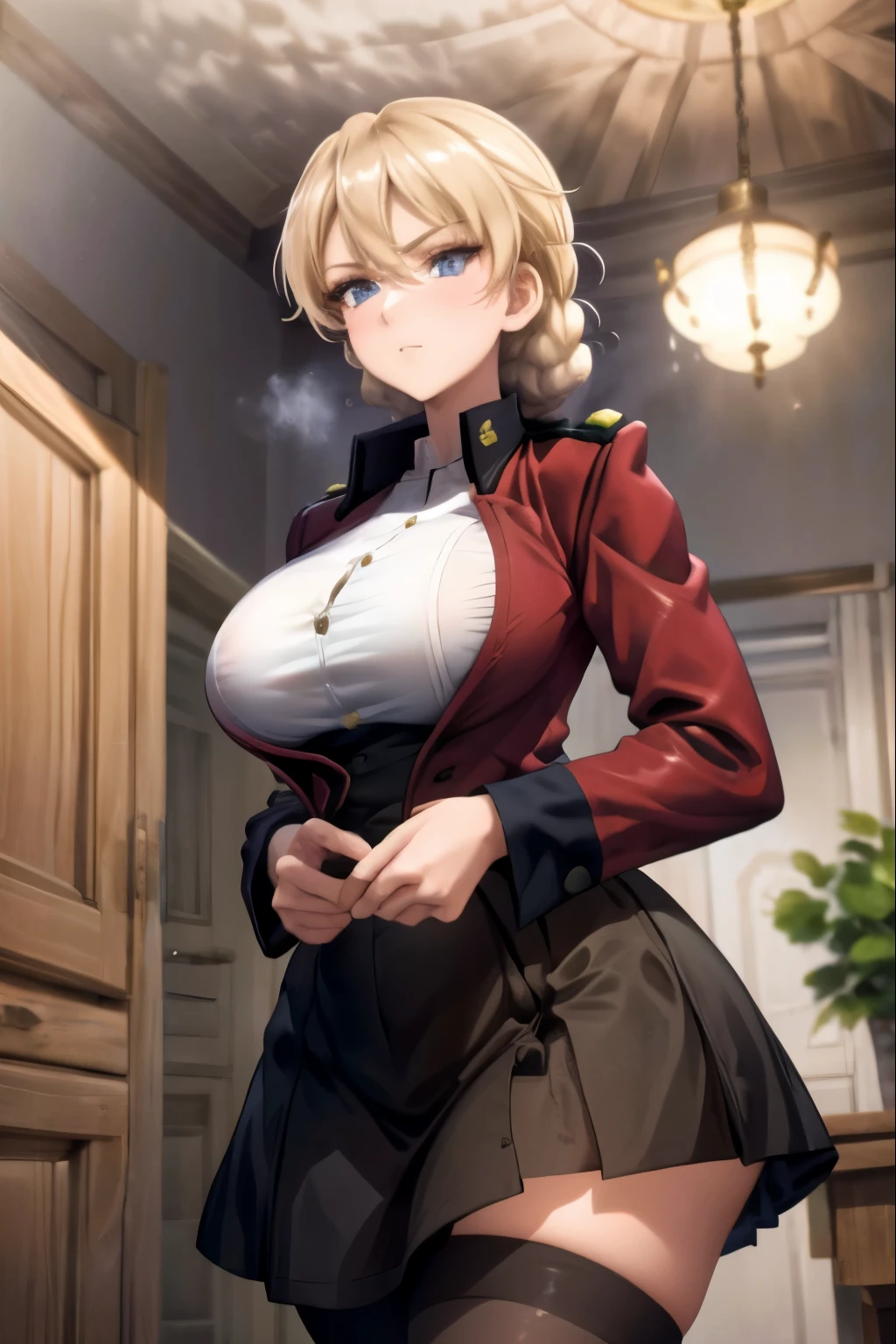 ((8K)), ((Chef d'oeuvre)), Darjeeling, girls und panzer, ((bas gris)), ((pantyhose gris)), ((jambes grasses)), ((gros seins)), ((Original clothing)), (qualité d'image très élevée), (rue), (finely detailed eyes and detailed face:1.3), (extremely fine and beautiful:1.1), (Perfect details:1.1), GuP St. Gloriana's military uniform, red jacket, black skirt,