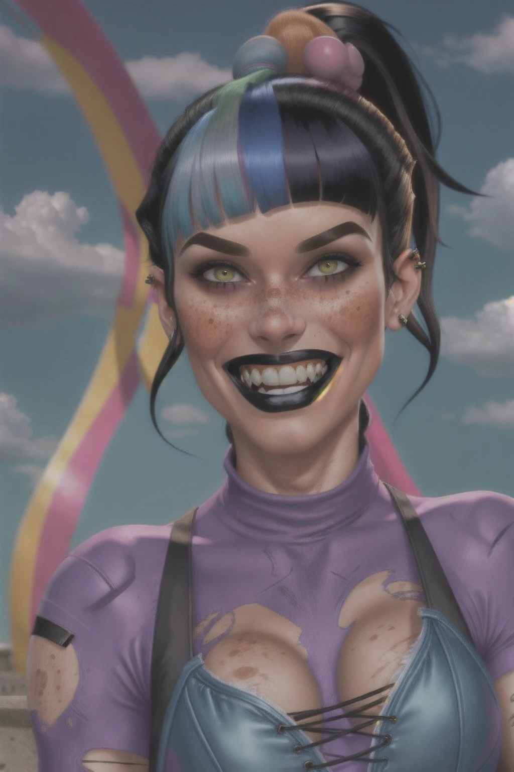 punchline, 1girl, solo, long hair, breasts, looking at viewer, smile, bangs, black hair, gloves, holding, blue hair, upper body, hair ornament, ponytail, multicolored hair, teeth, black gloves, blunt bangs, grin, two-tone hair, streaked hair, piercing, freckles, black lips, blush stickers, evil grin, 3D, render,