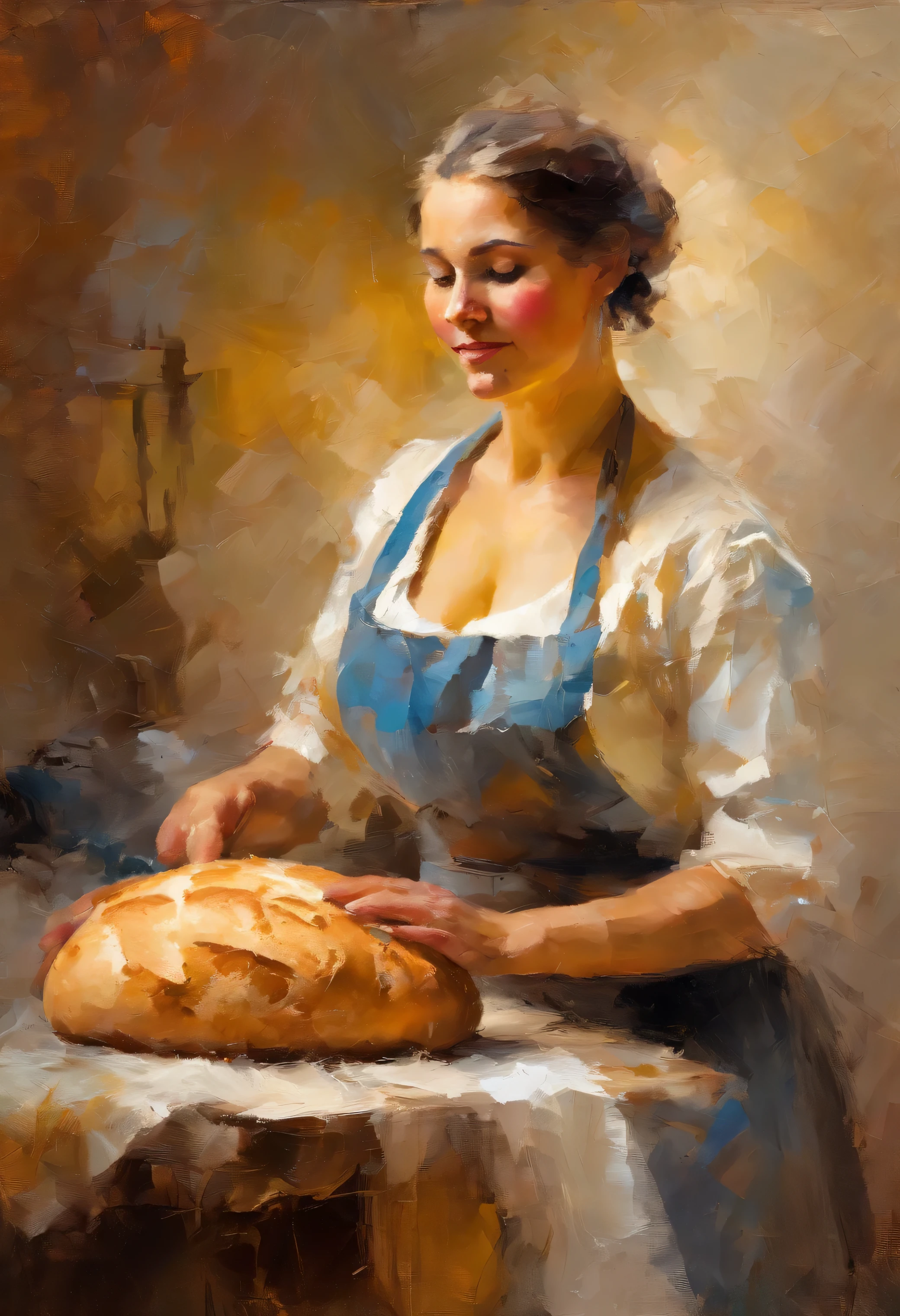Woman baking bread, Portrait artwork inspired by Pino Daeni, opened eyes, looking into distance, perfect body shape, perfect finger shapes, sketch, drawing, or watercolor artwork impasto style. Perfect reflections. Abstract impasto background, light beige color only
