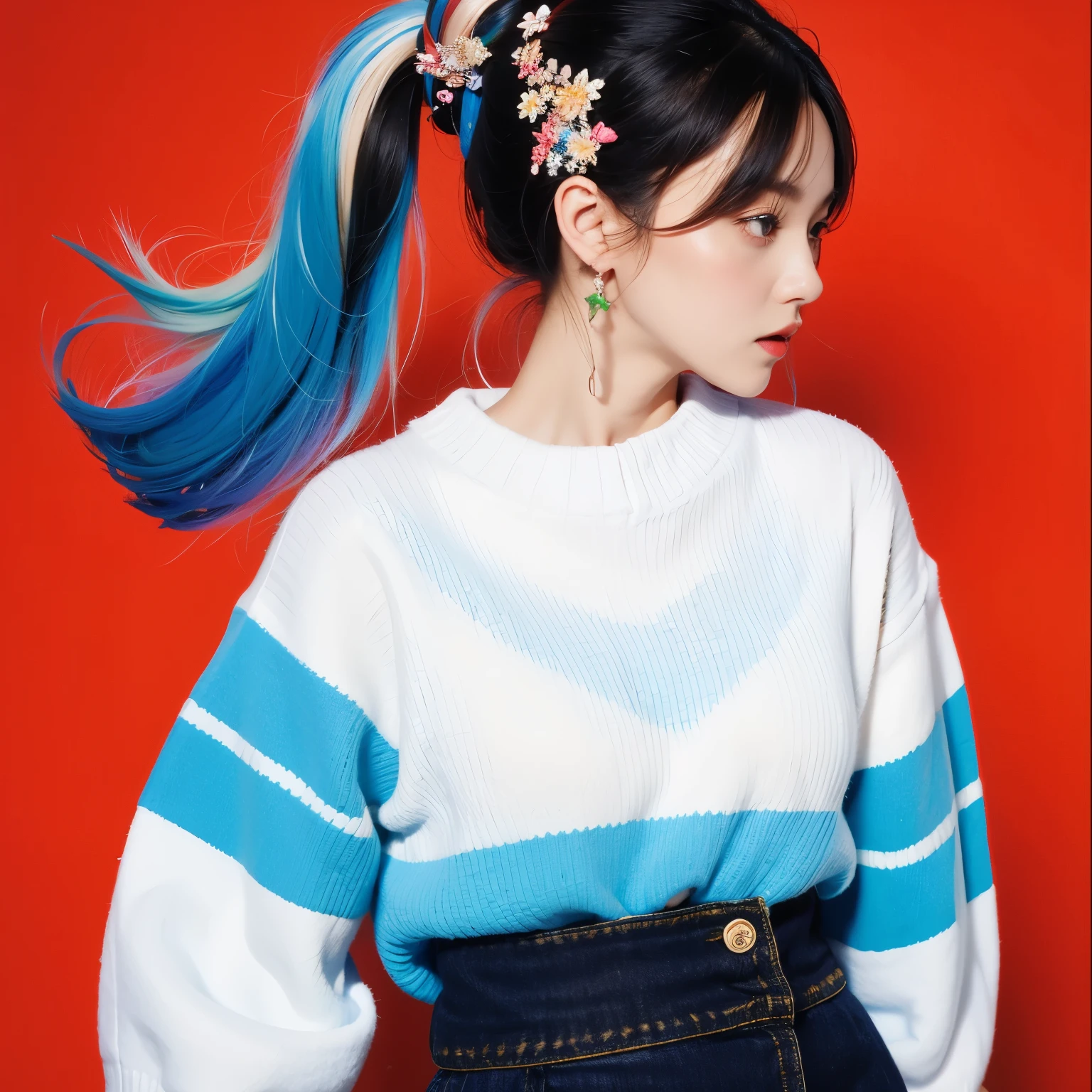 (masterpiece, best quality:1.2),illustration art,watercolor,black irregular lines,a beautiful girl,Skin detail processing,The eyes are very detailed,fine hair,ponytail,Loose and lazy sweater,White geometric pattern,Sweater details,hairy,Warm,similar to skirt,Retro contrasting colors,Flower brooch,clean background,green,blue,Red,
