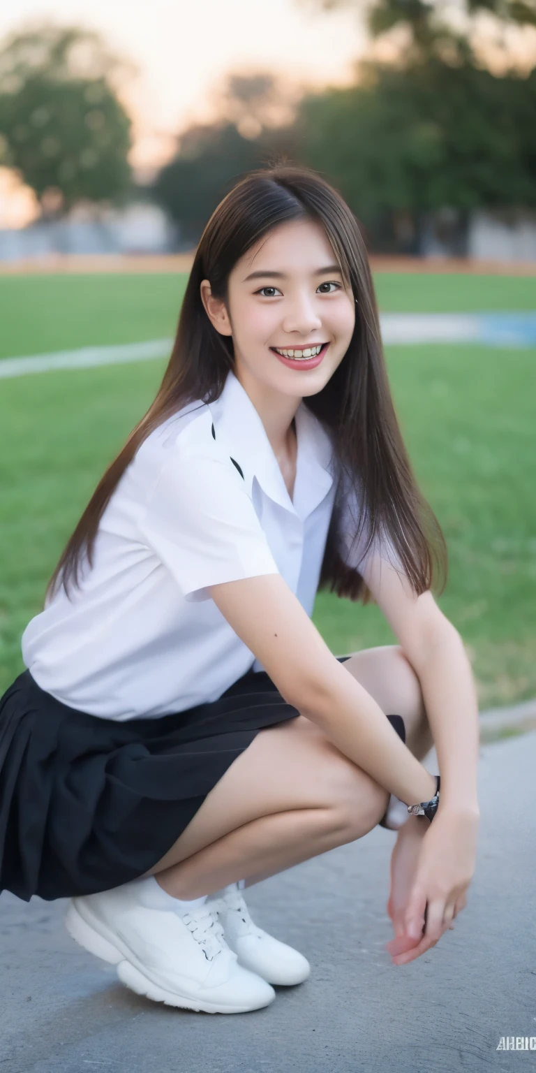 neat college girl, person, (school uniform, summer uniform, short sleeves), outside the athletic field, (slim, small, flat, small), photorealistic, detail, skin texture, super detail, delicate and sexy collarbone, smile, super detailed face, detailed lips, detailed eyes, double eyelids, legs sitting bending knees, squatting, white panties are visible from the skirt, Sexy poses