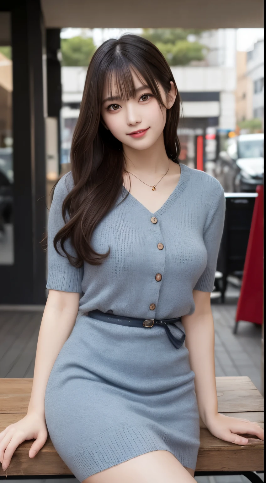 table top, highest quality, figure, super detailed, finely, High resolution, 8k wallpaper, 完璧なダイナミックな構figure, detailed and beautiful eyes, Women's Fashion Spring,medium hair,small breasts natural color lip, bold sexy pose,smile,Harajuku、20 year old girl、cute、sexy shot looking at camera、knit dress